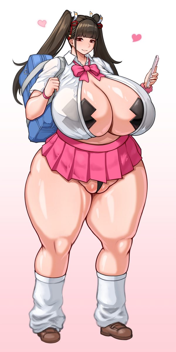 1girls, 2girls, ass, bag, bbw, belly, big body, big breasts, bottomless, breasts, chubby, covered nipples, female, female only, full body, gigantic ass, gigantic breasts, gyaru, hand on breast, hand on hip, heart, heart symbol, heels, huge breasts, kunoichi enrai, last origin, mature female, milf, miniskirt, panties, pantyshot, partially visible vulva, pasties, plump labia, pussy, school uniform, short skirt, skin, smile, solo, tall female, thick ass, thick hips, thick thighs, thigh strap, twintails, wedgie, wet tea, wide hips, x pasties