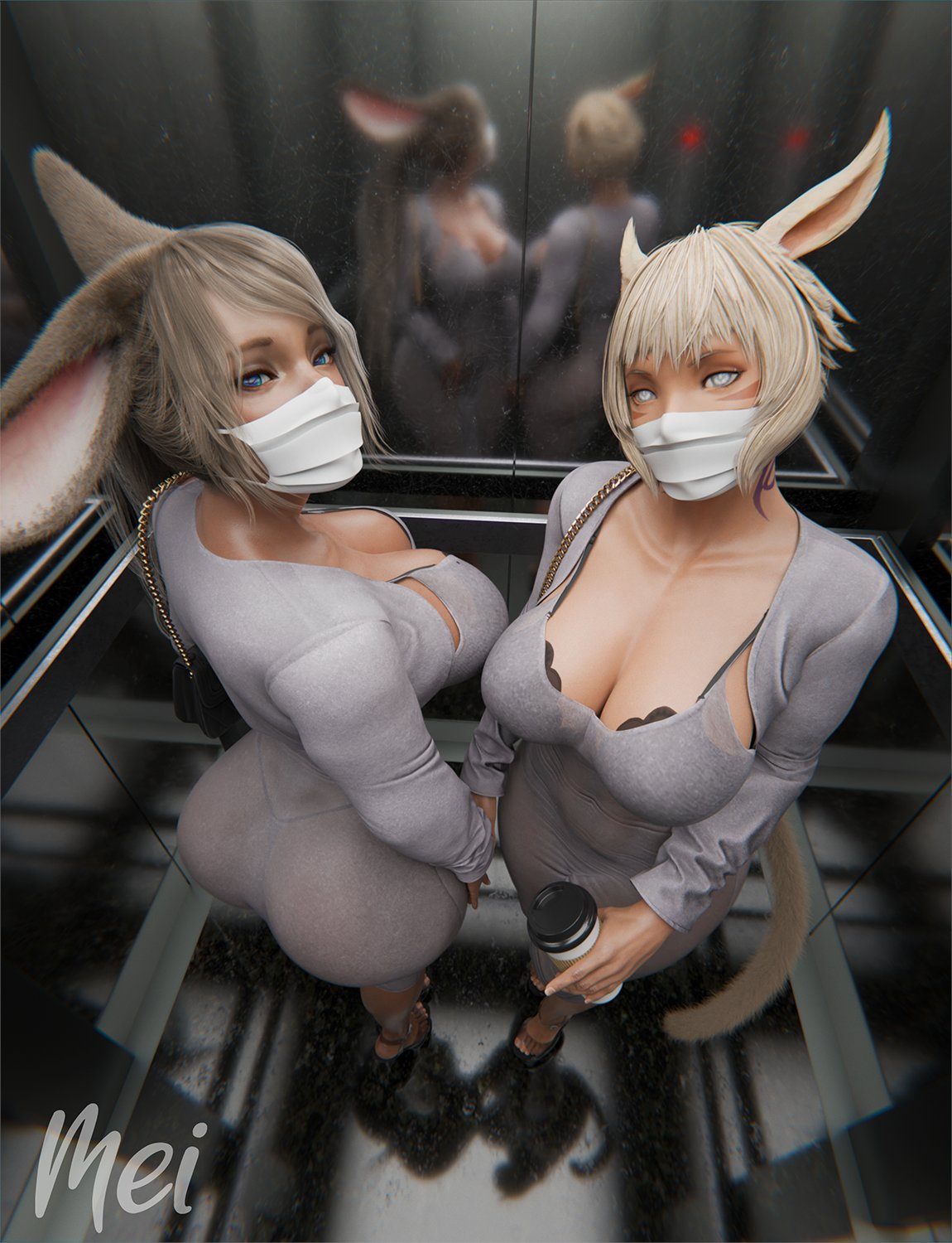 2girls, 3d, 3d (artwork), breasts, coffee cup, curvy figure, dongtan dress, elevator, female, female focus, female only, final fantasy xiv, heels, huge ass, large breasts, masked female, mei xiu, meiii o3o, miqo'te, viera, y'shtola