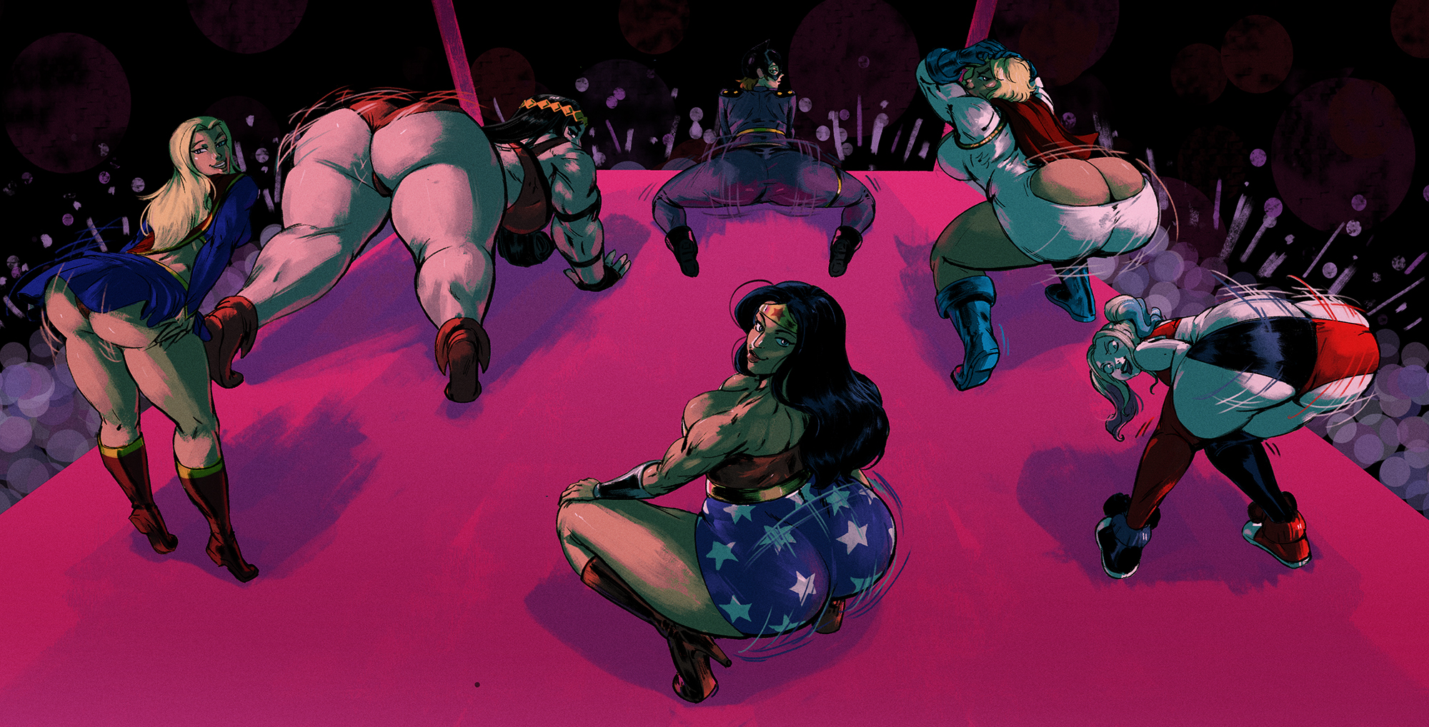 6girls, alien look like human, all fours, amazon, ass, ass cleavage, ass window, audience, barbara gordon, barda free, batgirl, batgirl (barbara gordon), batgirl (harley quinn), batgirl of burnside (comic), batman (series), bent over, big ass, big barda, black hair, blonde hair, bottom heavy, bouncing ass, bubble butt, butt crack, clothing, dc, dc comics, diana of themyscira, fat ass, female, female focus, harley quinn, harley quinn (2019), harley quinn (series), huge ass, kara danvers, kara zor-el, kara zor-l, karen starr, kneeling, kryptonian, large ass, massive ass, mister miracle (series), new gods, on all fours, on knees, power girl, redblacktac, shaking ass, showing off, showing off ass, supergirl, supergirl (series), supergirl (volume 5), superman (series), thick ass, thick thighs, thunder thighs, twerking, villain, wide hips, wonder woman, wonder woman (series)