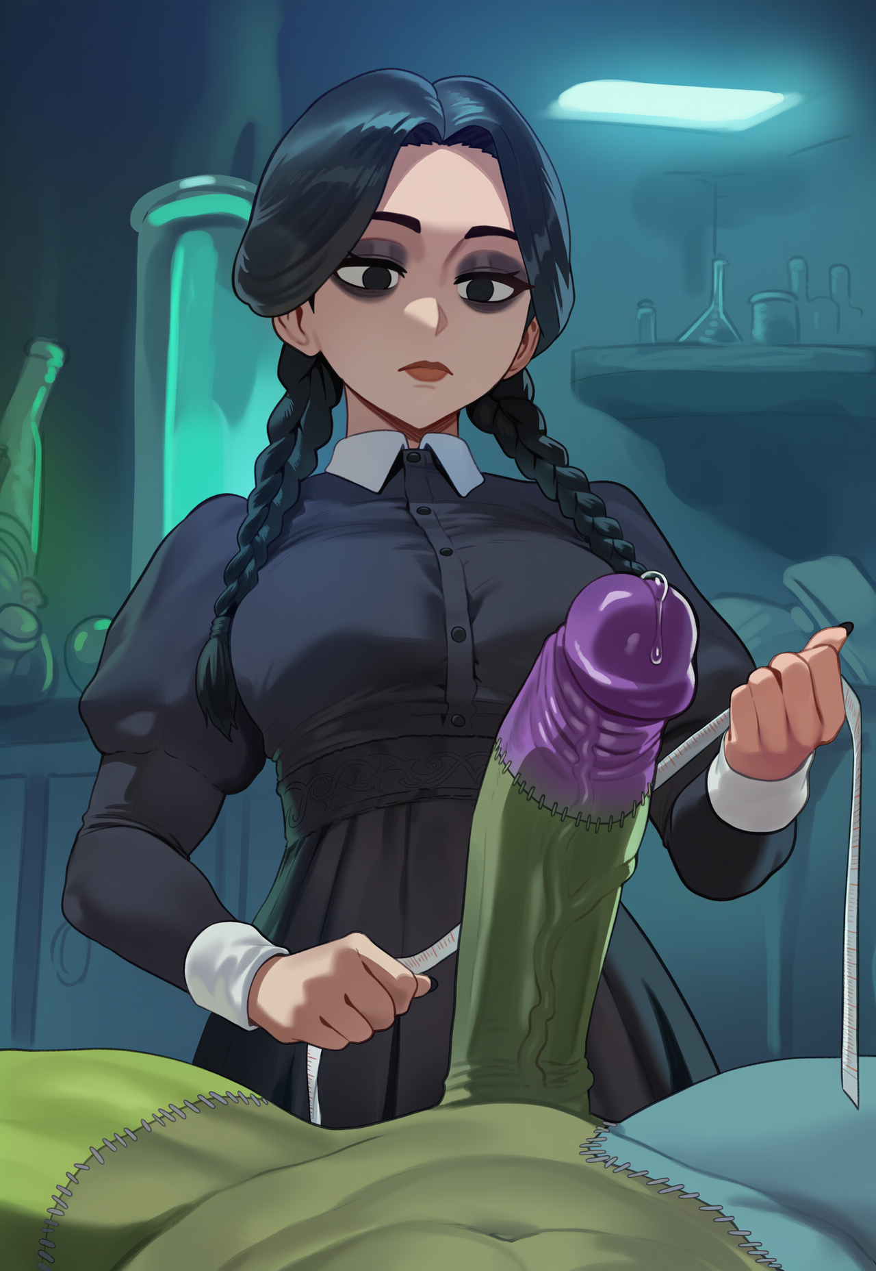 ai generated, black eyes, black eyeshadow, black hair, black nails, braid, braided hair, braided twintails, breasts, clothed, clothed female, clothed female nude male, clothing, cock, eyeshadow, female, frankenstein's monster, goth, gothic, green skin, green-skinned male, huge cock, huge penis, human, human female, indoors, jagat ai, laboratory, large penis, light skin, light-skinned female, long hair, looking at penis, male, male/female, measuring, measuring tape, medium breasts, monster, multicolored body, naked, naked male, nude, nude male, nude male clothed female, penis, pov, precum, spread legs, stitches, the addams family, thighs, twin braids, twintails, undead, wednesday (netflix), wednesday addams, zombie