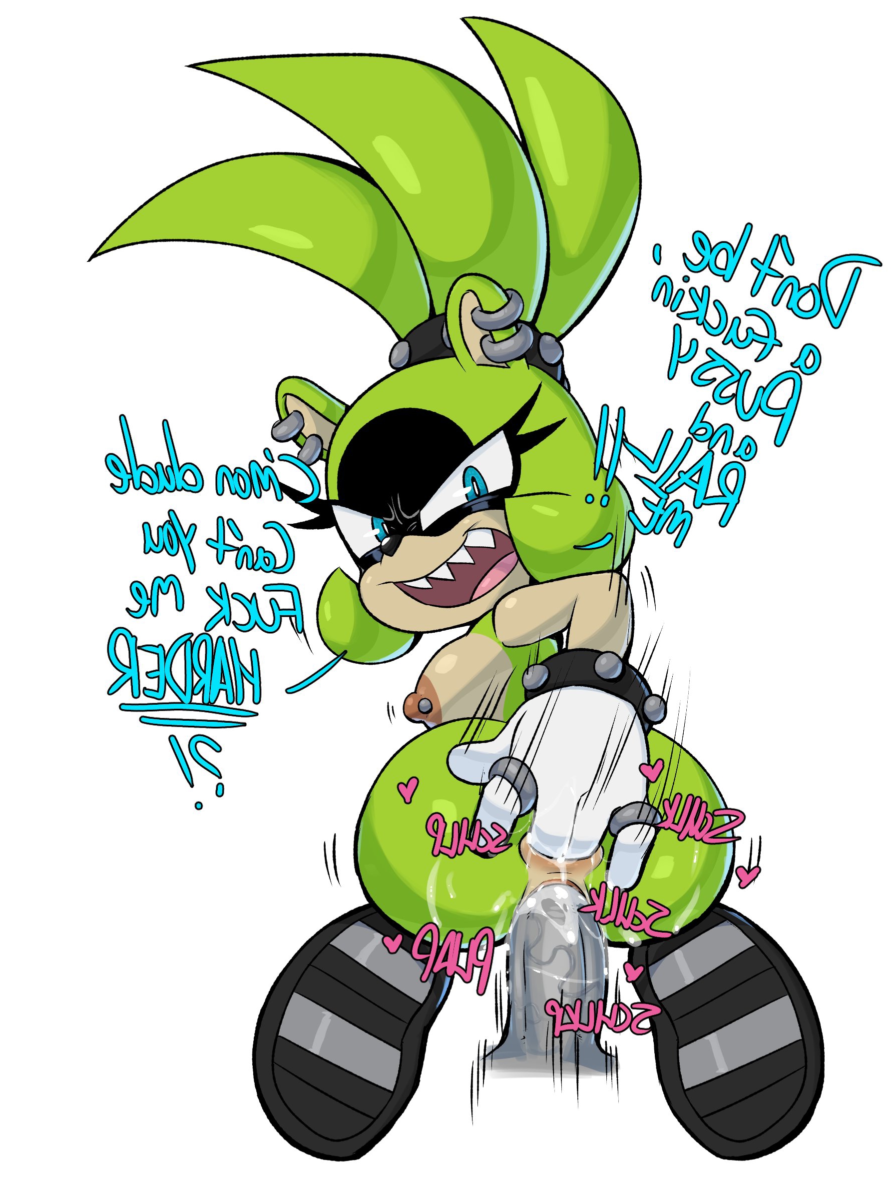 anal fingering, anus, areolae, blue eyes, boots, breasts, cum, cum in pussy, cum inside, english text, fingering, fingering anus, fingering self, green fur, guillion (toshkarts), heart, heart symbol, human, human on anthro, masturbation, mirrored image, mobian, mobian (species), mobian tenrec, naked footwear, nipple piercing, nipples, open mouth, penis, penis in pussy, pierced nipples, piercing, pussy, sideboob, simple background, sonic (series), sonic the hedgehog (comics), sonic the hedgehog (idw), sonic the hedgehog (series), surge the tenrec, tenrec, white background