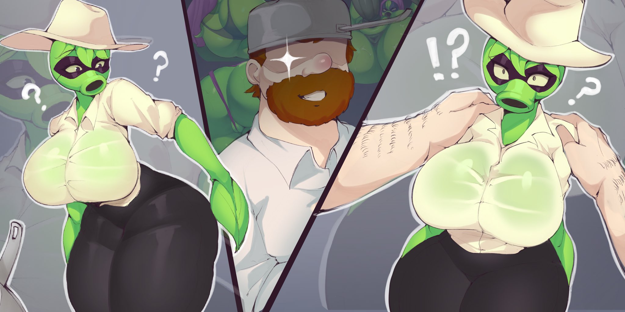 1girls, anthro, anthrofied, ass, breasts, comic, crazy dave (pvz), female, flora fauna, green shadow (pvz), human, human on anthro, maimeetung, mask, peashooter (pvz), plant, plant girl, plant humanoid, plantie, plants vs zombies, plants vs. zombies, popcap games, pussy