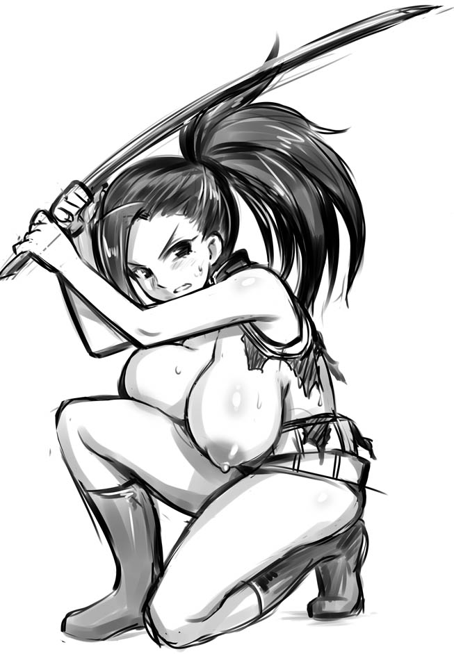774 (nanashi), belt, black hair, boots, breast press, breasts, breasts out, clenched teeth, female, hanging breasts, huge breasts, katana, kneeling, momo yaoyorozu, momo yaoyorozu (hero outfit), monochrome, my hero academia, nipples, ponytail, sketch, solo, straight hair, sweat, sword, tied hair, topless, torn clothes, weapon