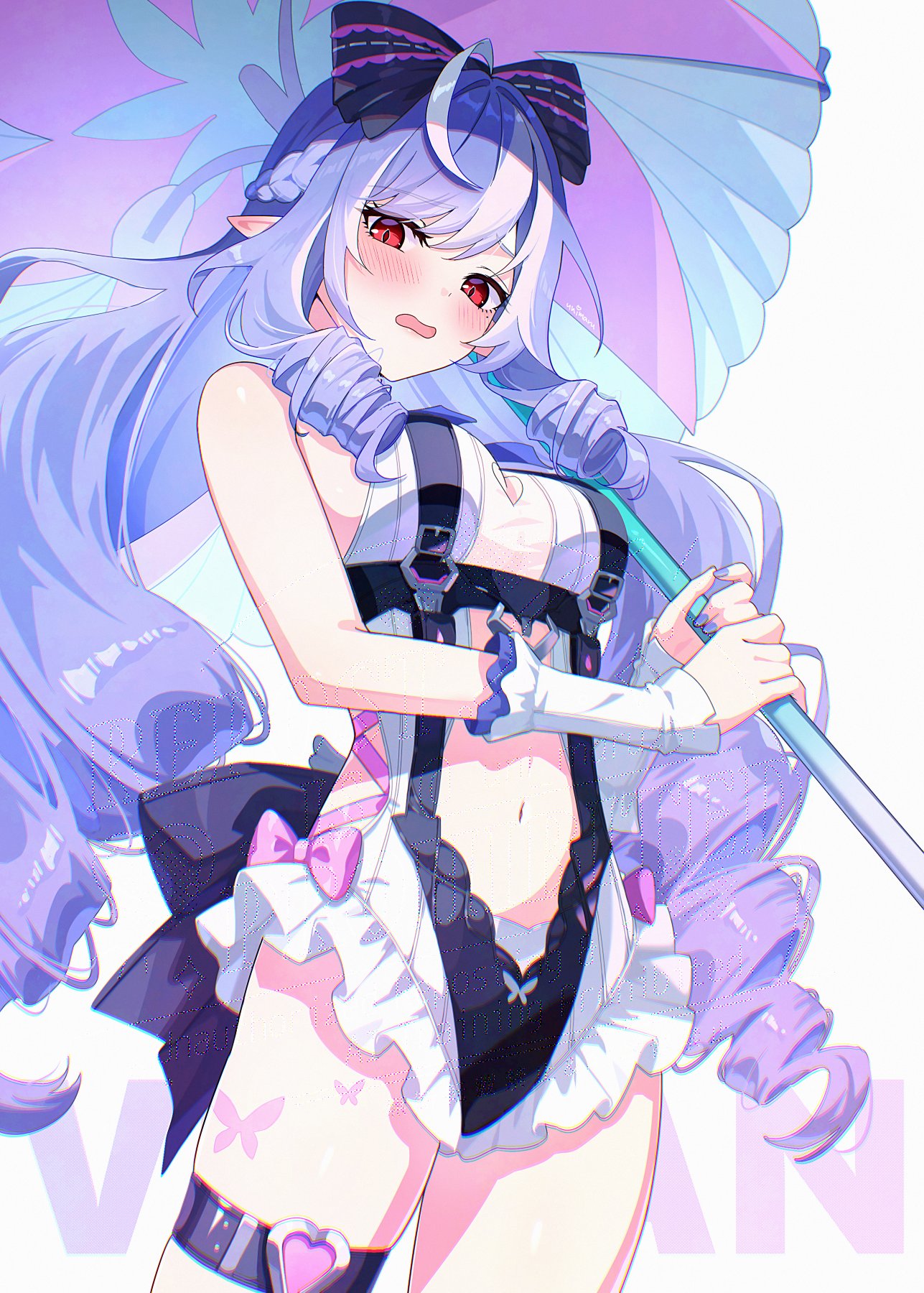 1girls, breasts, exposed breasts, female, hoyoverse, legs, long hair, mihoyo, official alternate costume, purple hair, red eyes, swimsuit, uni maru231, vivian banshee, vivian banshee (iris of the shore), white swimsuit, zenless zone zero