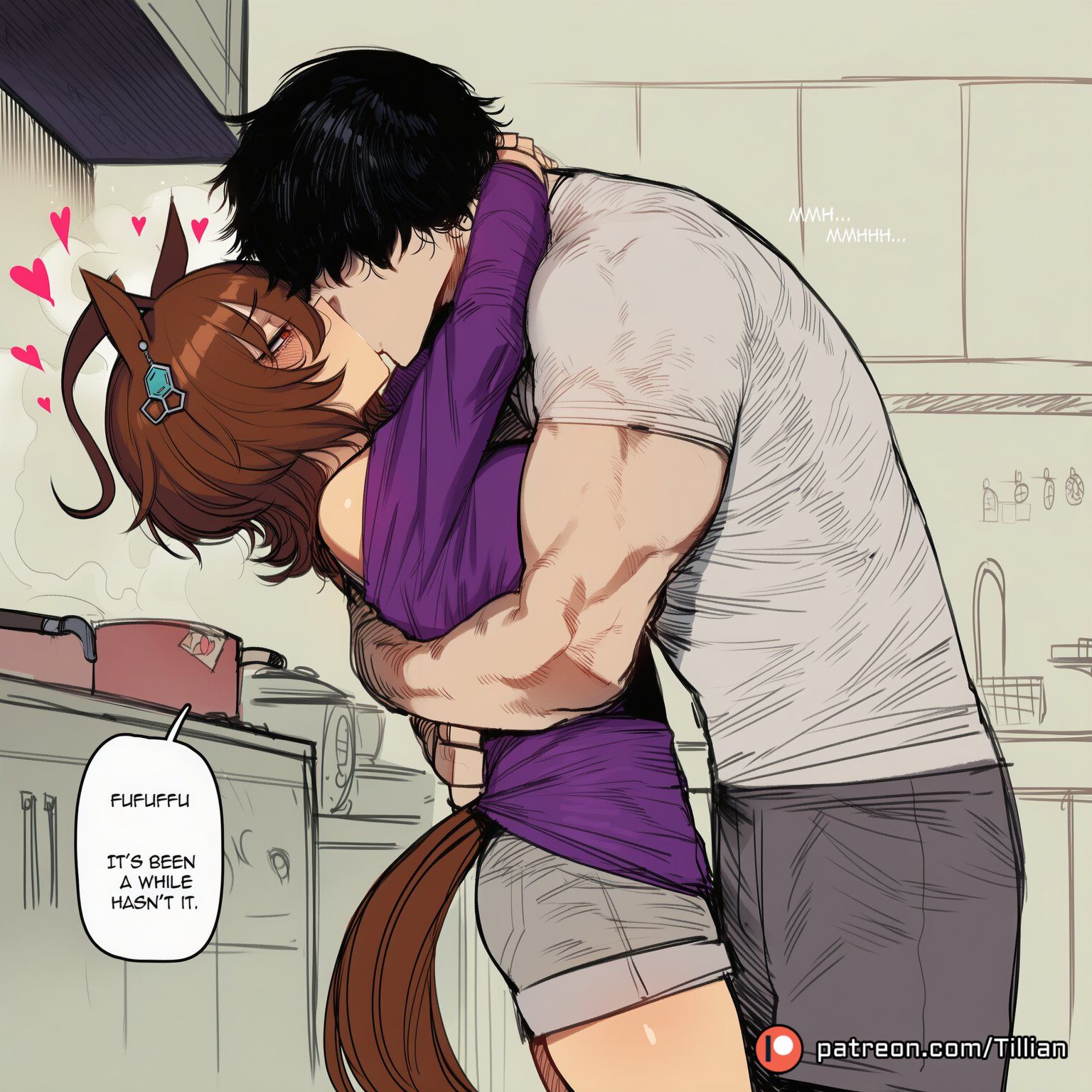 1boy, agnes tachyon (umamusume), ahoge, ai generated, animal ears, black hair, blush, breasts, brown hair, couple, cup, earrings, english text, faceless, faceless male, female, from side, grey shorts, half-closed eyes, heart, height difference, horse ears, horse girl, horse tail, hug, indoors, jewelry, kissing, kitchen, long sleeves, male, manly, messy hair, mug, muscular, off shoulder, off-shoulder shirt, pants, patreon logo, patreon username, purple shirt, red eyes, shirt, short hair, short sleeves, shorts, single earring, sink, speech bubble, steam, stove, straight, tail, tillian, umamusume, umamusume pretty derby, web address, white shirt