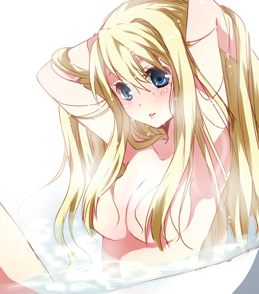 1girls, blonde hair, blue eyes, blush, breasts, female, female only, fullmetal alchemist, human, long hair, medium breasts, nude, solo, tagme, winry rockbell