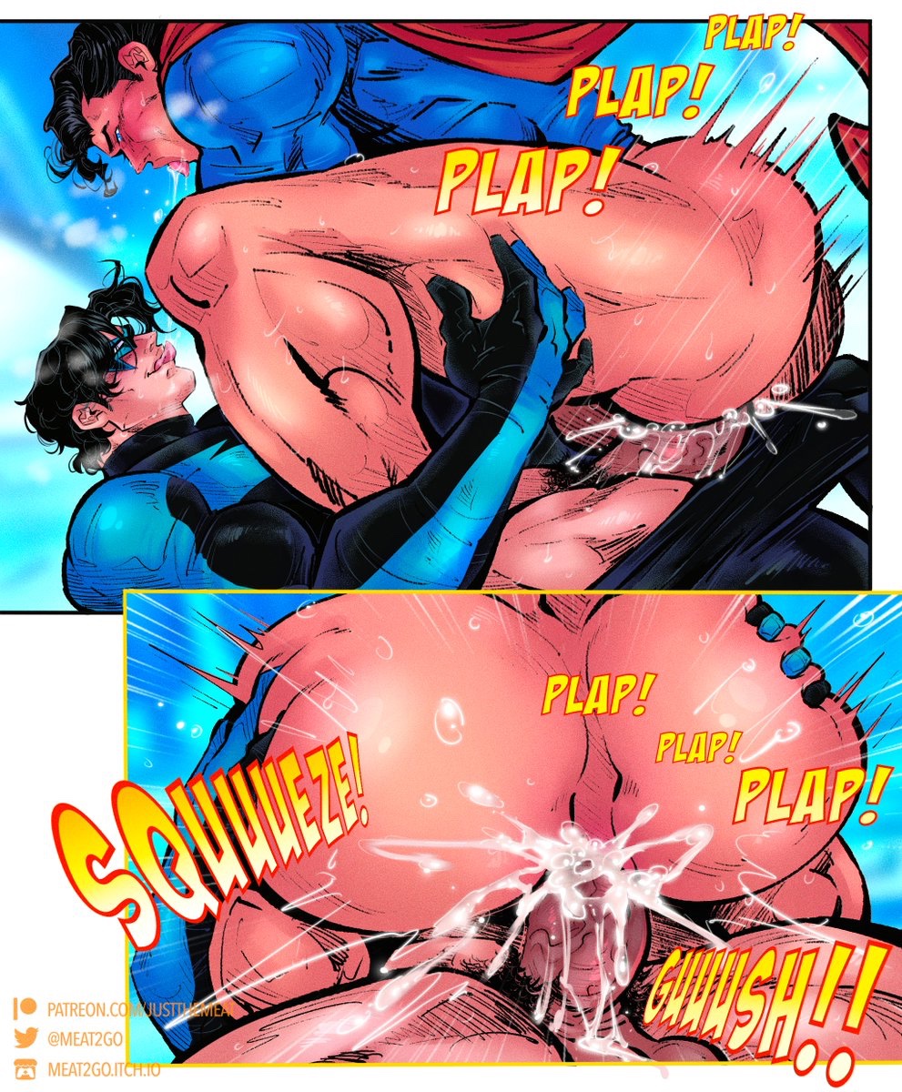 anal, anal sex, ass, ass focus, back view, balls, bara, batman (series), big ass, big butt, big penis, bottomless, bottomless male, clark kent, clothed, clothing, cum, cum in ass, cum inside, dc, dc comics, dick grayson, gay, justice league, justthemeat/meat2go, looking pleasured, male, male focus, male only, muscular, muscular male, nightwing, penetration, penis, penis in ass, plap, pubes, pubic hair, saliva, saliva trail, superman, superman (clark kent), superman (series), sweat, sweatdrop, sweating, tongue, tongue out, veiny penis, yaoi