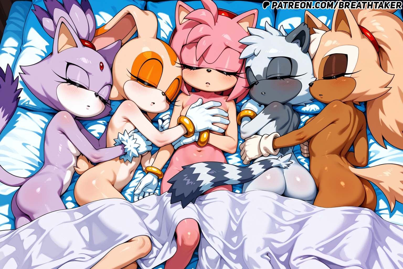 ai generated, amy rose, ass, bed, blanket, blaze the cat, breasts, breathtaker, brown body, brown fur, covering, covering breasts, covering crotch, cream the rabbit, female, grey body, grey fur, hi res, on back, on bed, on side, pink body, pink fur, purple body, purple fur, sleeping, sonic (series), sonic the hedgehog (series), tangle the lemur, under blanket, whisper the wolf