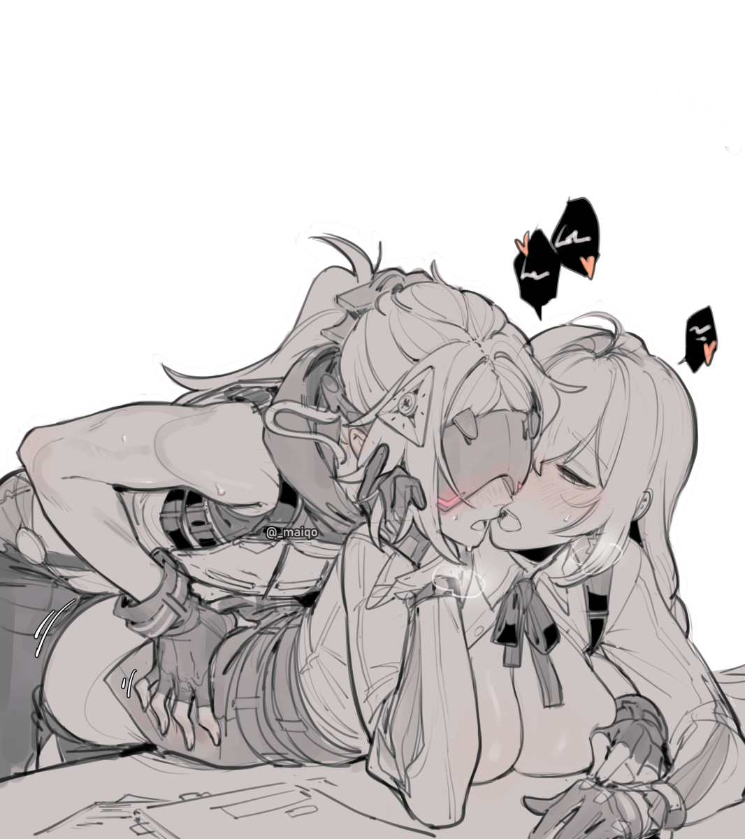 2girls, ass, bedroom eyes, bent over, bent over table, big breasts, blush, boob window, breasts, breasts against table, button down shirt, button gap, cleavage, female, from behind position, gloves, grinding, grinding through clothes, gripping waist, hands on face, hands on waist, heart, hoyoverse, kissing, long hair, maiqo, monochrome, motion lines, mouth open, ponytail, skirt down, sweat, trigger (zenless zone zero), tsukishiro yanagi, visor, wiggle lines, wiggling ass, yuri, zenless zone zero