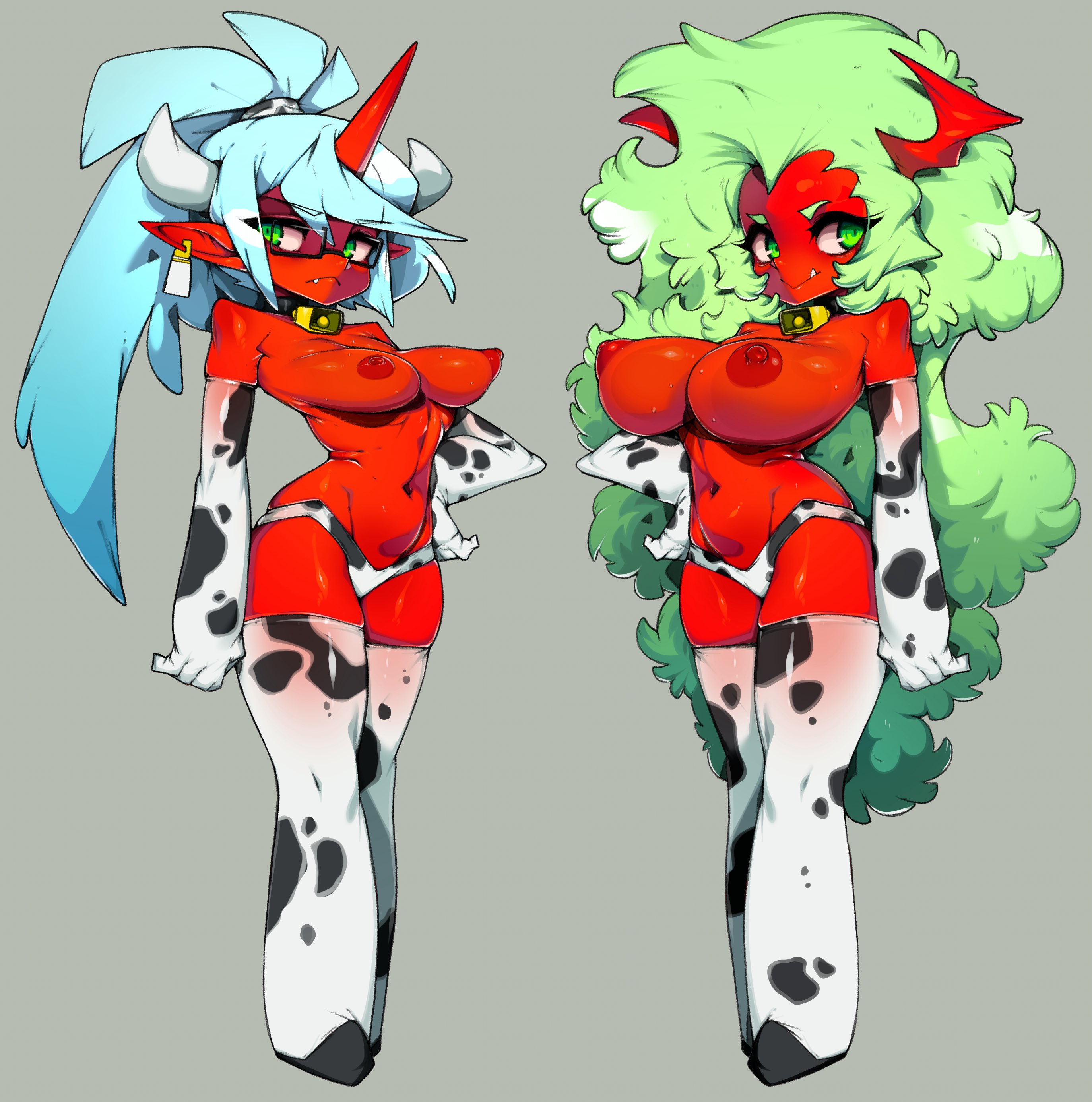 blue hair, breasts, cowbell, demon, demon girl, demon horns, demon tail, female, green hair, kneesocks daemon, large breasts, nipples, panties, panty & stocking with garterbelt, red skin, scanty daemon, slugbox, tagme, topless, topless female, yellow eyes
