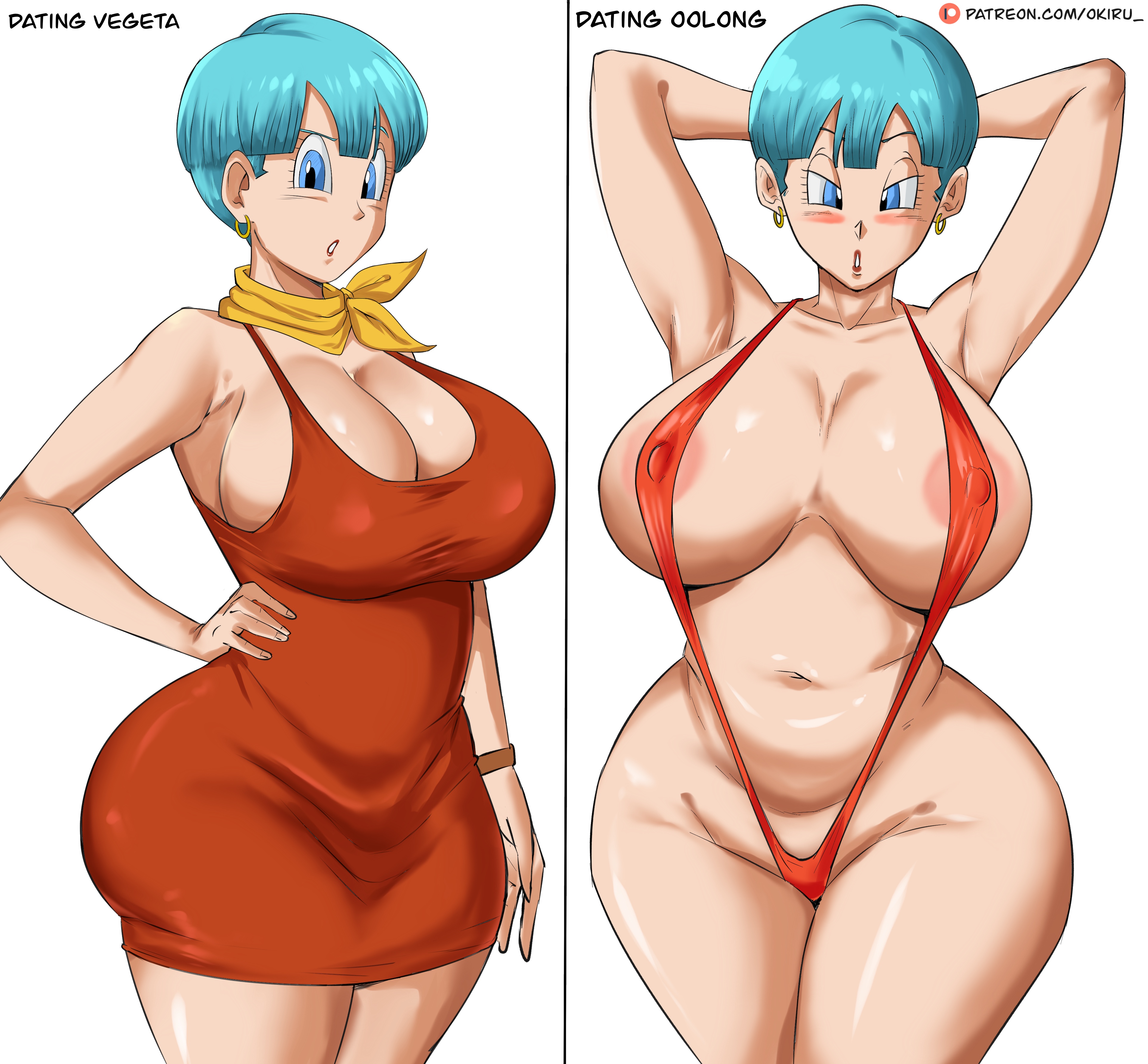 1girls, bikini, blue eyes, blue hair, breasts, bulma, bulma briefs, bulma briefs (majin buu saga), dragon ball, dragon ball z, dress, female, female focus, female only, huge breasts, large breasts, light skin, light-skinned female, looking at viewer, mature female, milf, panarandom, red bikini, red dress, short hair, sling bikini, solo, swimsuit, thick thighs, thighs, wide hips