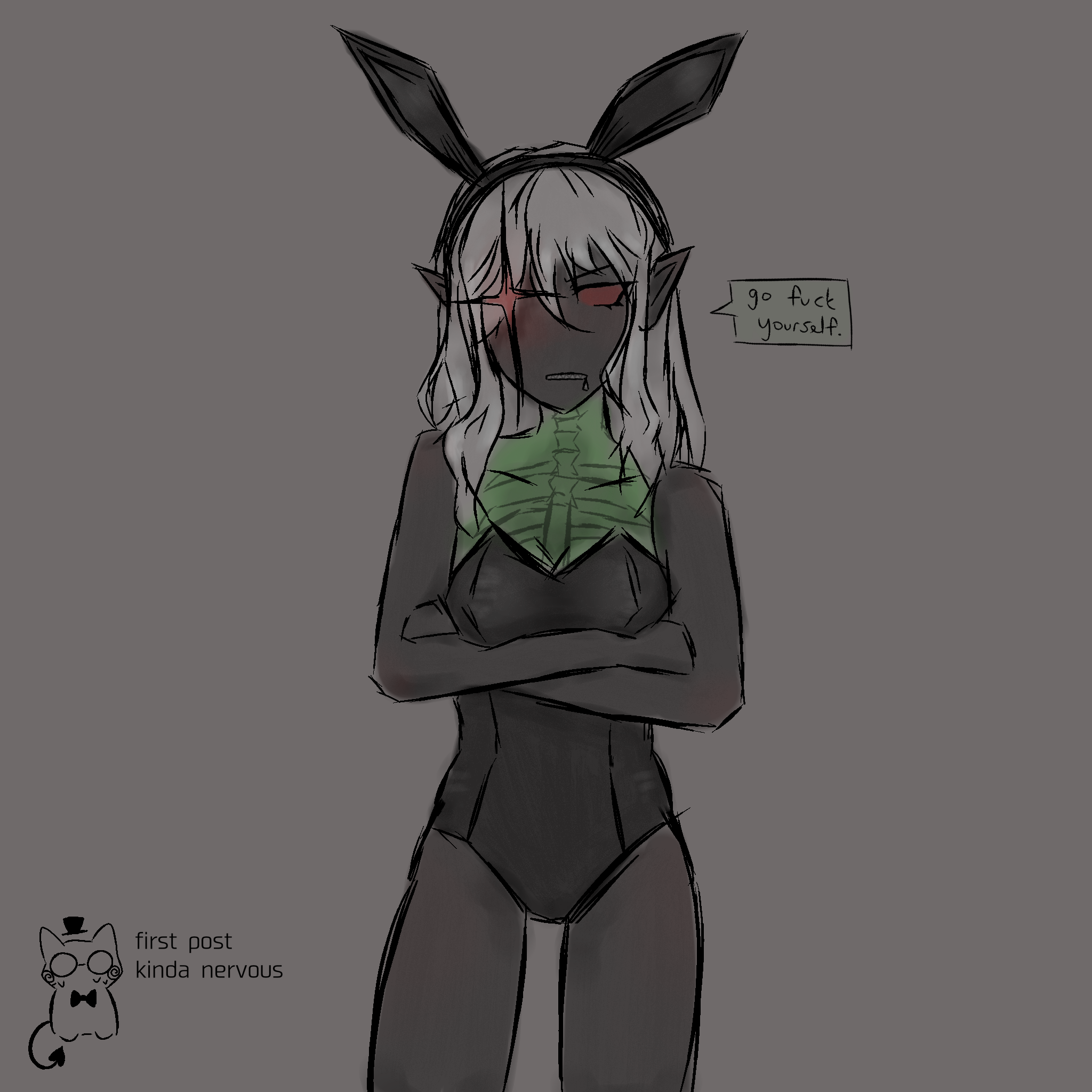 1x1x1x1, 1x1x1x1 (forsaken), angry, betrayed 1x1x1x1, bunny ears headband, english text, female, female only, forsaken (roblox), leotard, roblox, roblox game, robloxian, rule 63, self upload, solo, speech bubble, swirly cat, tagme, text, thighs, zipper mouth