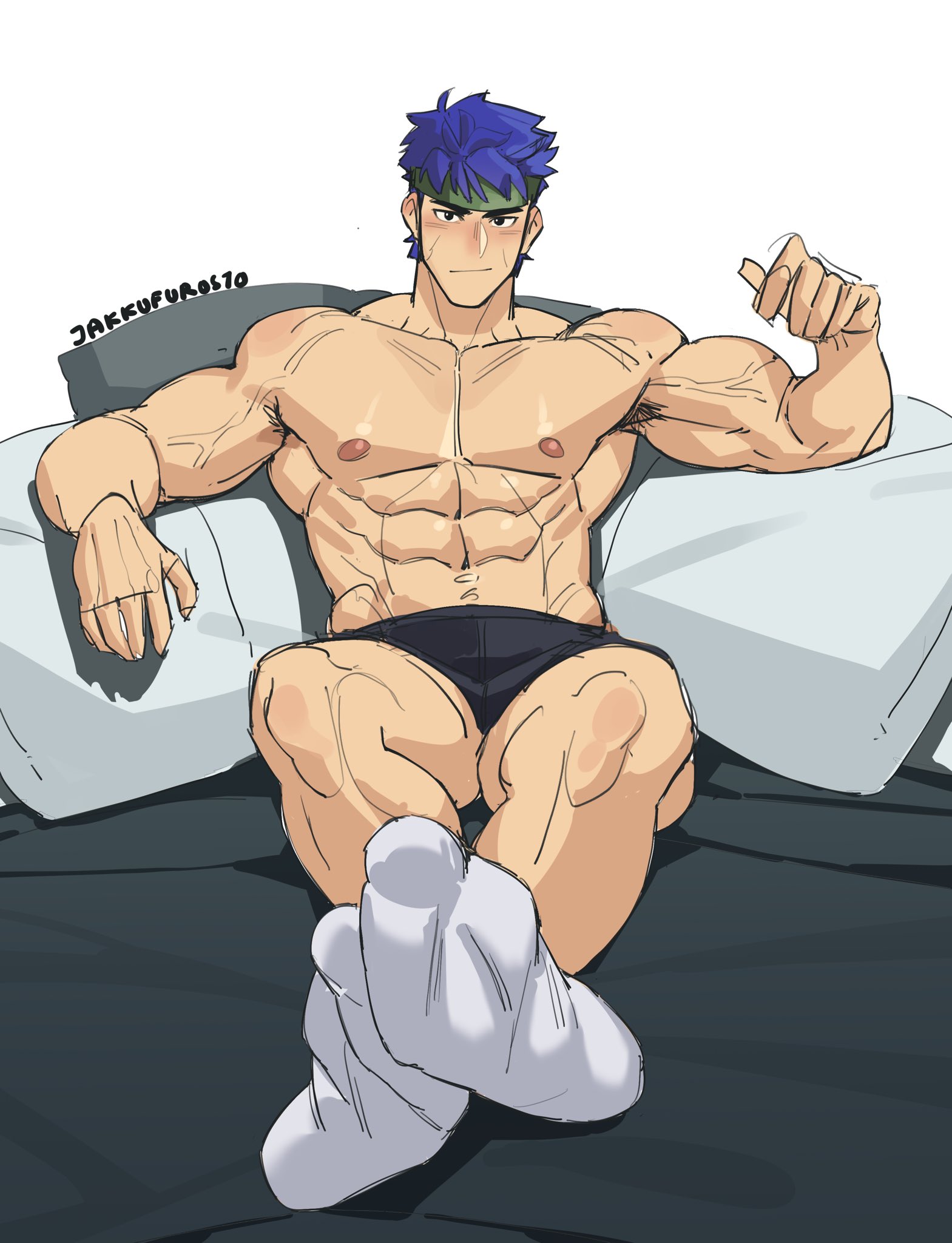 1boy, abs, armpit hair, artist name, bara, black eyes, blue hair, fire emblem, fire emblem: radiant dawn, green headband, headband, highres, ike (fire emblem), jakkufurosto, large pectorals, looking at viewer, male, male focus, male only, male underwear, muscular, muscular male, nipples, paid reward available, pectorals, short hair, socks, solo, topless male, underwear, underwear only, veins, white socks, yaoi