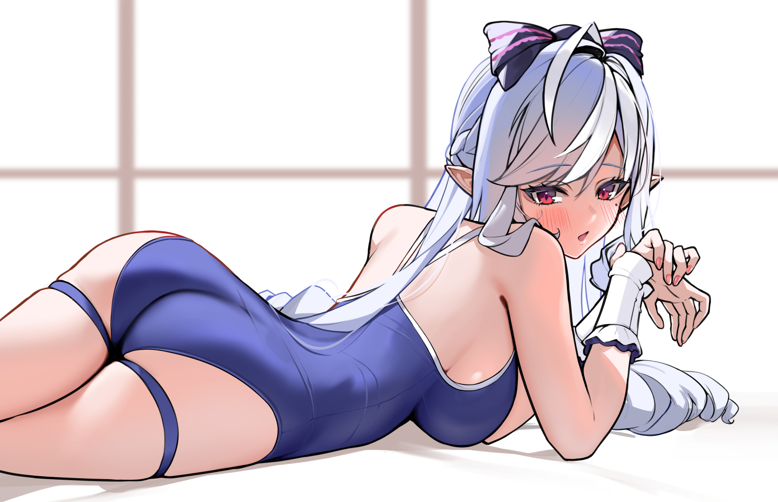 1girls, ass, blue swimwear, breasts, elf ears, female, hoyoverse, long hair, lying on breasts, matriks, mihoyo, purple hair, red eyes, swimwear, vivian (zenless zone zero), vivian banshee, zenless zone zero
