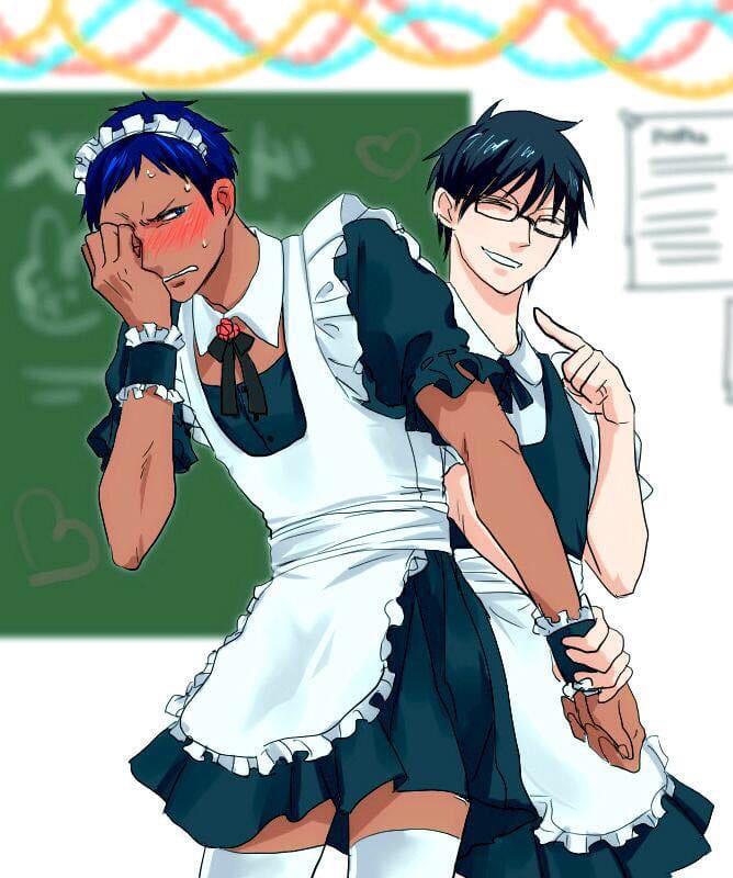 aomine_daiki blush daiki_aomine dark-skinned_male dark_skin embarrassed forced_pic human human_male imayoshi_shouichi kuroko's_basketball kuroko_no_basuke light-skinned_male light_skin maid maid_outfit male male/male male_in_dress male_maid male_only navy_blue_hair short_hair tan_skin