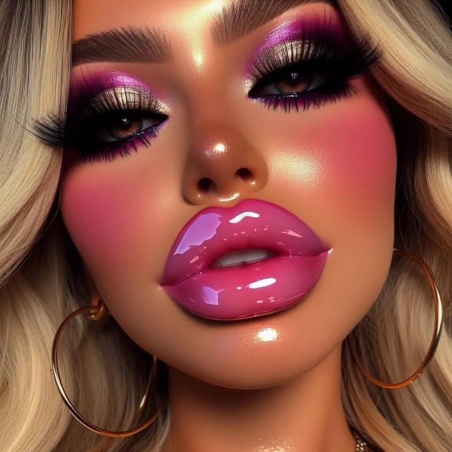 ai_generated bimbo bimbo_lips blonde_hair heavy_makeup hoop_earrings hoop_earrings_oversized lipstick makeup pink_lipstick tagme tanned_skin