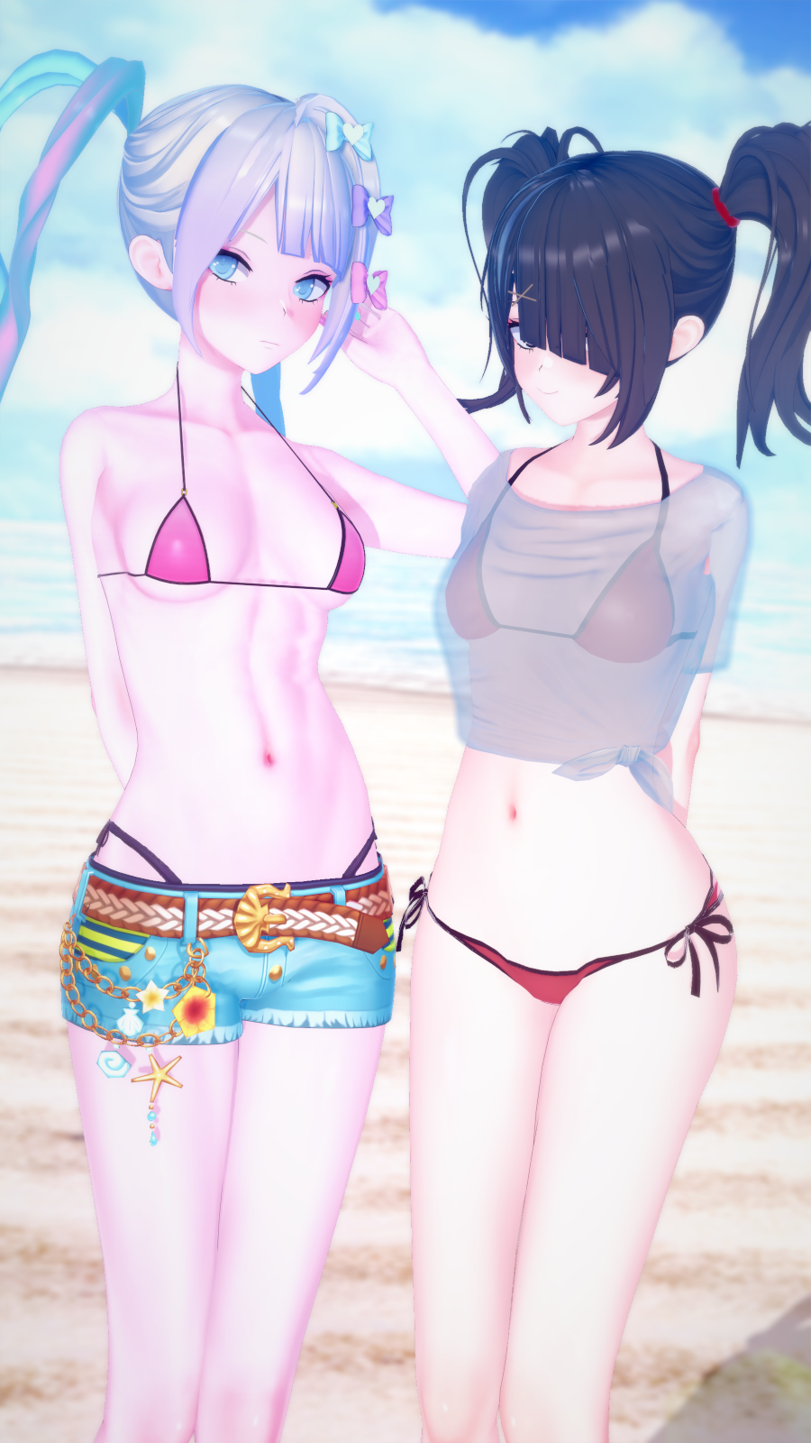 2girls ame-chan beach bra chouzetsusaikawa_tenshi-chan micro_bikini needy_girl_overdose ocean short_shorts thong water