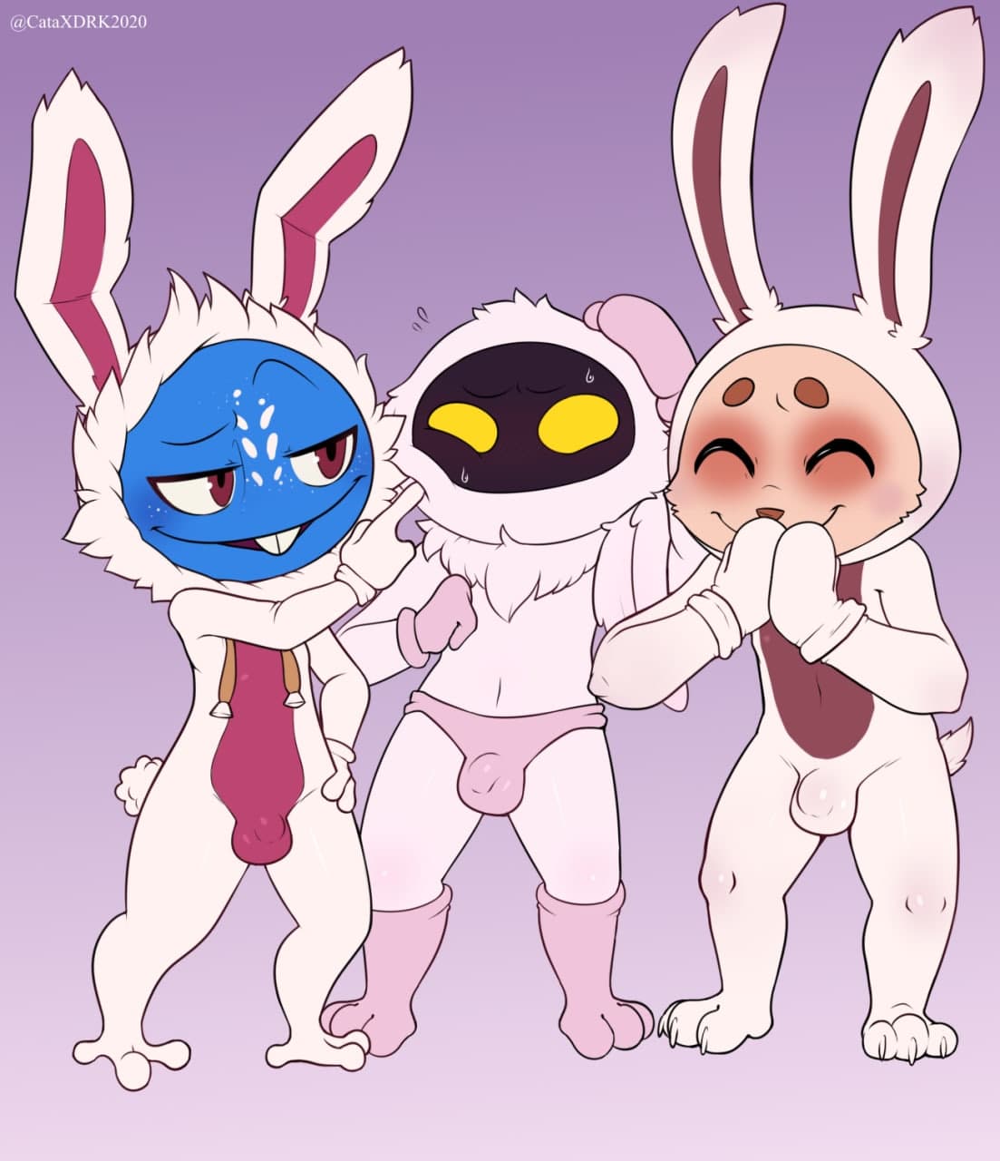 3boys anthro blue_body bodily_fluids buckteeth bulge cataxdrk2020 closed_eyes clothed clothing costume cottontail_fizz cottontail_teemo digital_drawing_(artwork) digital_media_(artwork) fish fizz_(lol) fur furry genital_outline giggling gradient_background group hi_res league_of_legends long_ears male male_only mammal marine penis_outline red_eyes riot_games simple_background smile standing sweat teemo teeth trio veigar video_games yellow_eyes yordle