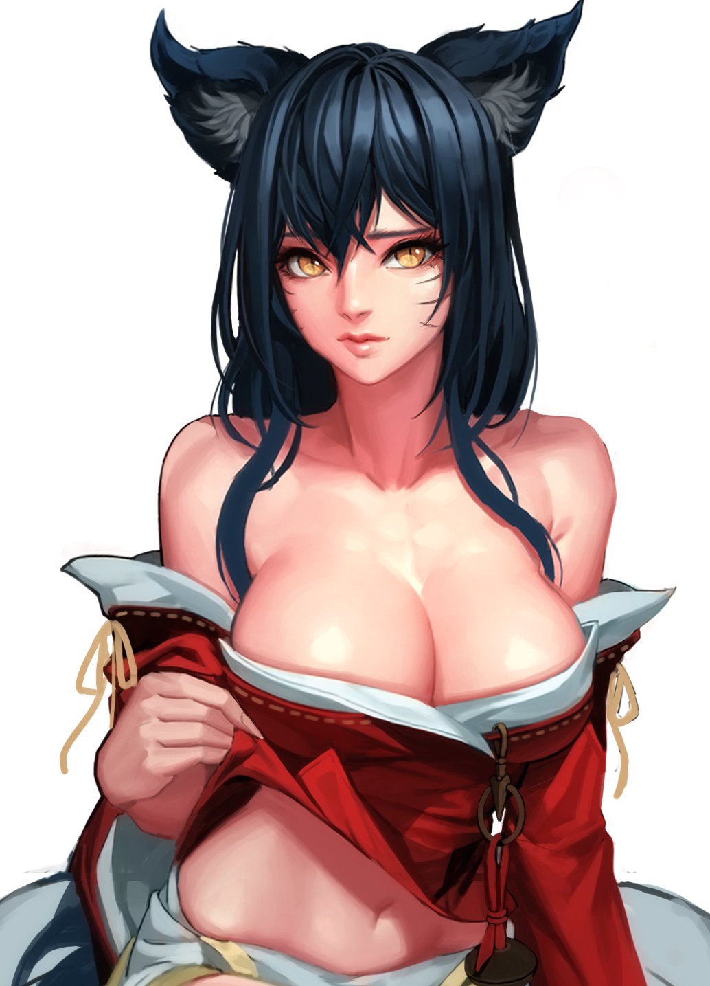 ahri animal_ears black_hair breasts cherrylich cleavage dress facial_marks female large_breasts league_of_legends long_hair navel solo yellow_eyes