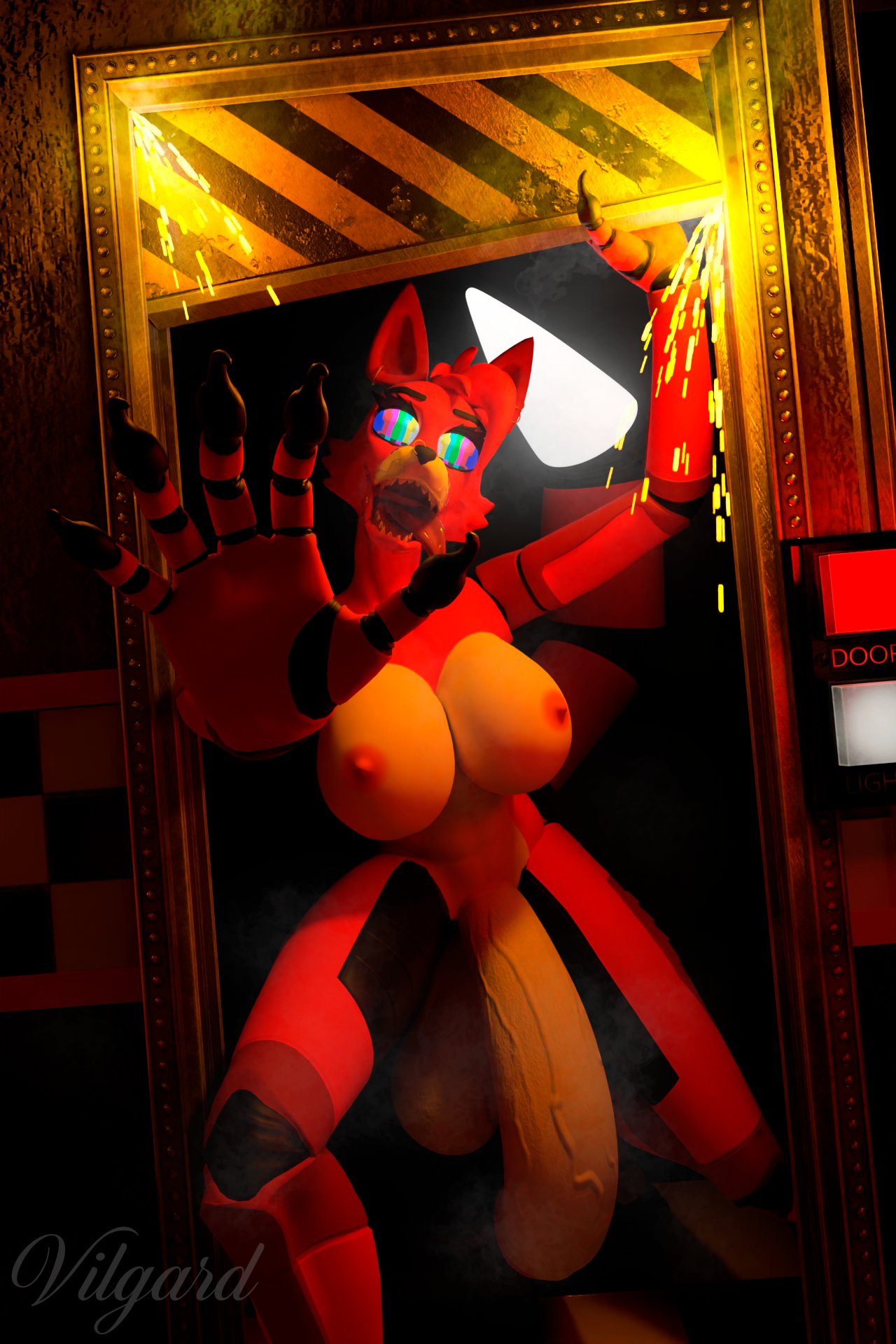 animatronic anthro areola balls big_balls big_breasts big_penis breasts canid canine five_nights_at_freddy's fox foxy_(fnaf) genitals gynomorph hi_res huge_balls huge_cock intersex machine malfunction mammal nipples open_mouth penis robot scottgames solo sparks tongue tongue_out vilgard