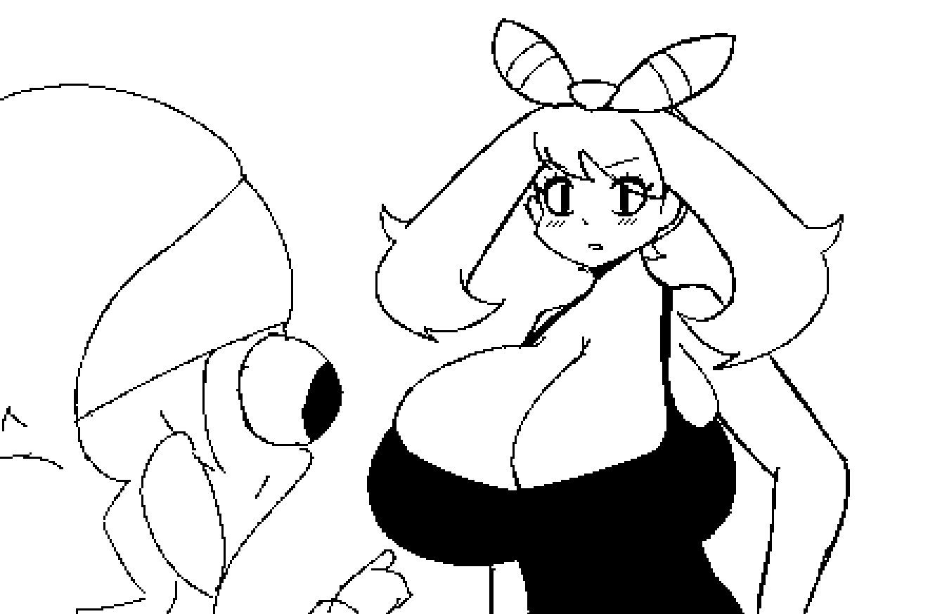 1boy 1girls aqprofilehai bandana beanie beanie_hat big_breasts bigger_female black_and_white breasts_bigger_than_head brendan_(pokemon) brendan_(pokemon_emerald) brendan_(pokemon_rs) clothed_female duo huge_breasts may_(pokemon) may_(pokemon_rs) monochrome nintendo pixel_(artwork) pointing_at_another pokemon pokemon_rse simple_background tagme thick uncolored