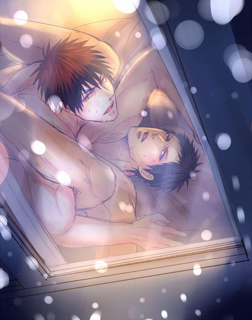 2boys aomine_daiki blue_hair bottom_aomine daiki_aomine gay kagaao kagami_taiga kuroko's_basketball kuroko_no_basuke legs_up male_only missionary_position no_visible_genitalia red_eyes red_hair snow taiga_kagami tan_skin window