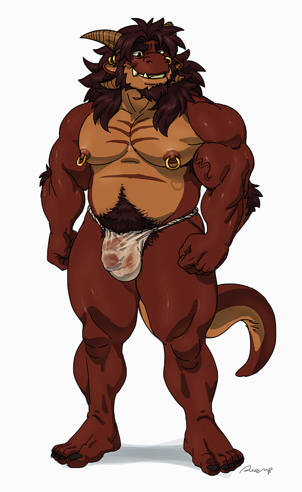 1boy anthro balls barefoot bulge clothed clothing dragon fileossur flaccid front_view fundoshi half-dressed horn male male_only musclegut nipple_piercing nipples penis piercing pubes rossciaco scalie see-through signature smile solo standing topless underwear vein