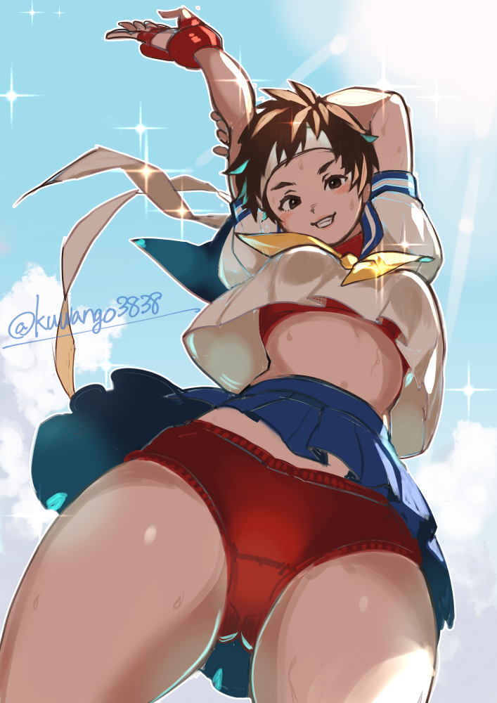 1girls, bloomers, breasts, brown eyes, brown hair, buruma, female, headband, kuwango3838, pantyshot, pantyshot (standing), red underwear, sakura kasugano, school uniform, schoolgirl, seifuku, short hair, street fighter, street fighter alpha, street fighter v, underboob, underwear, upskirt, white headband
