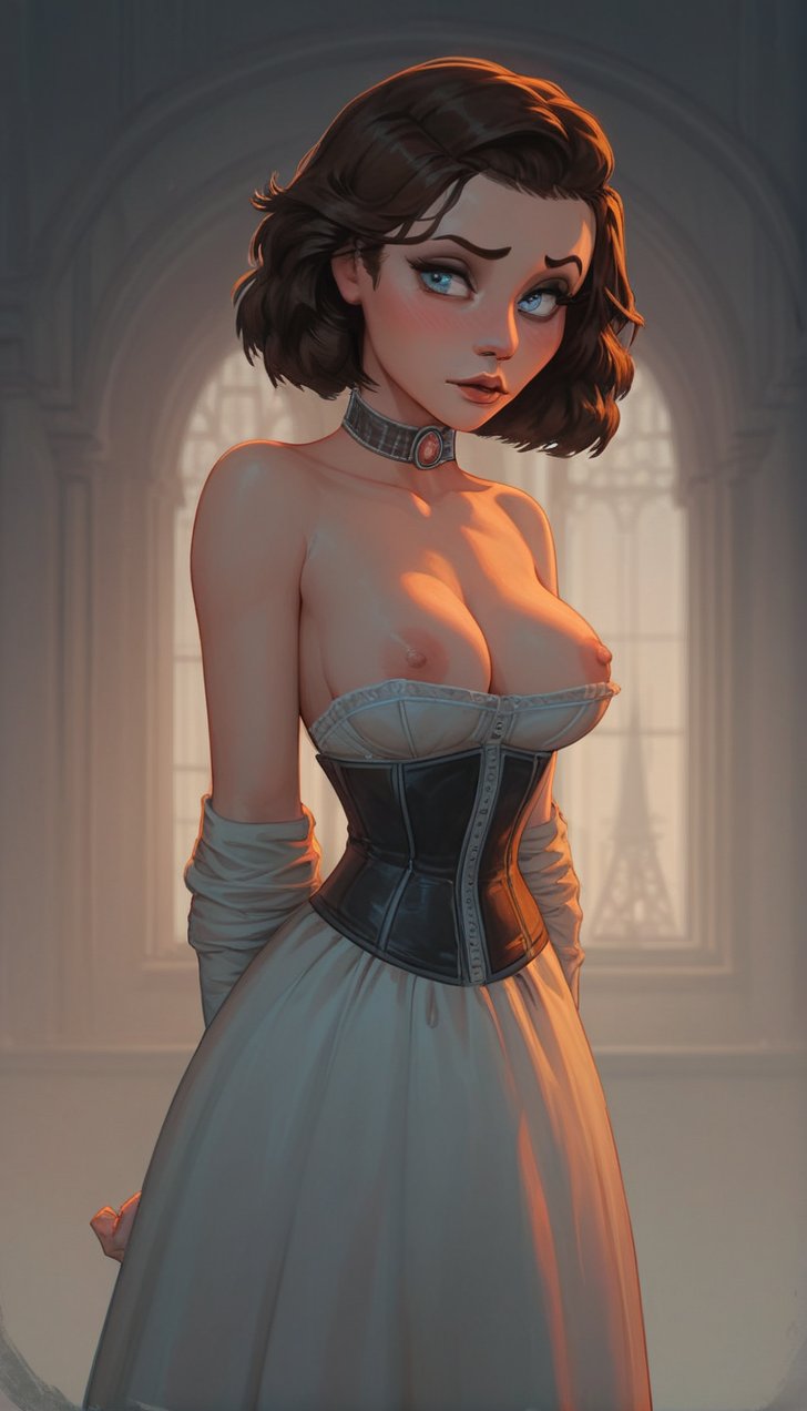 ai_generated areolae bioshock bioshock_infinite blue_eyes blush brooch choker corset elizabeth_comstock female hands_behind_back looking_at_viewer makeup meat_master medium_breasts nipples raised_eyebrow setting_sun shoulder_length_hair tagme waist_cincher white_dress window