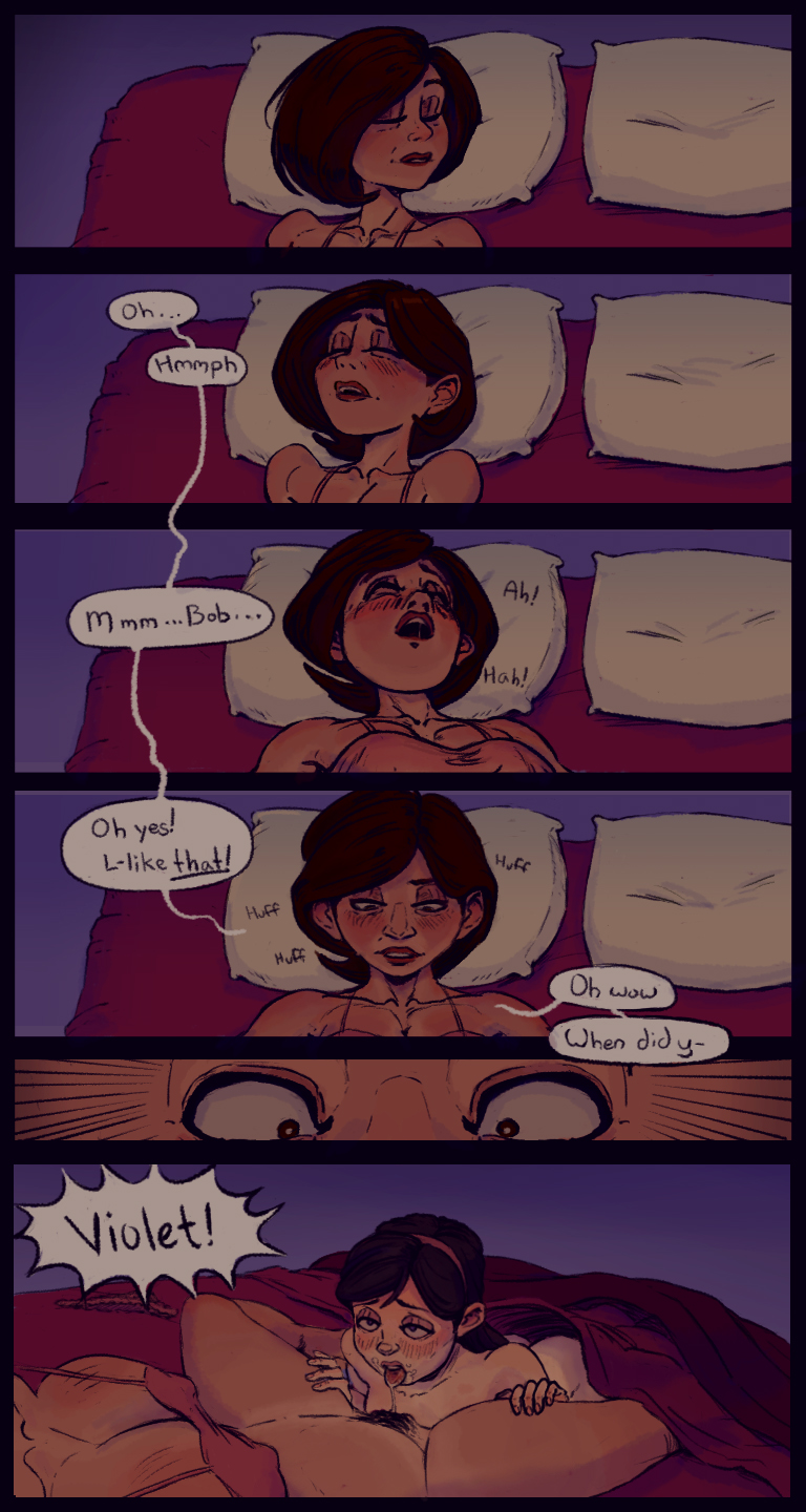 2girls black_hair blue_eyes blush brown_eyes brown_hair cunnilingus dialogue dubious_consent english_text female female_only helen_parr incest julesartstash moaning mother_and_daughter multiple_girls pubic_hair pussy_juice pussy_juice_drip sleep_molestation sleeping surprised text the_incredibles unsettling violet_parr wake_up yuri