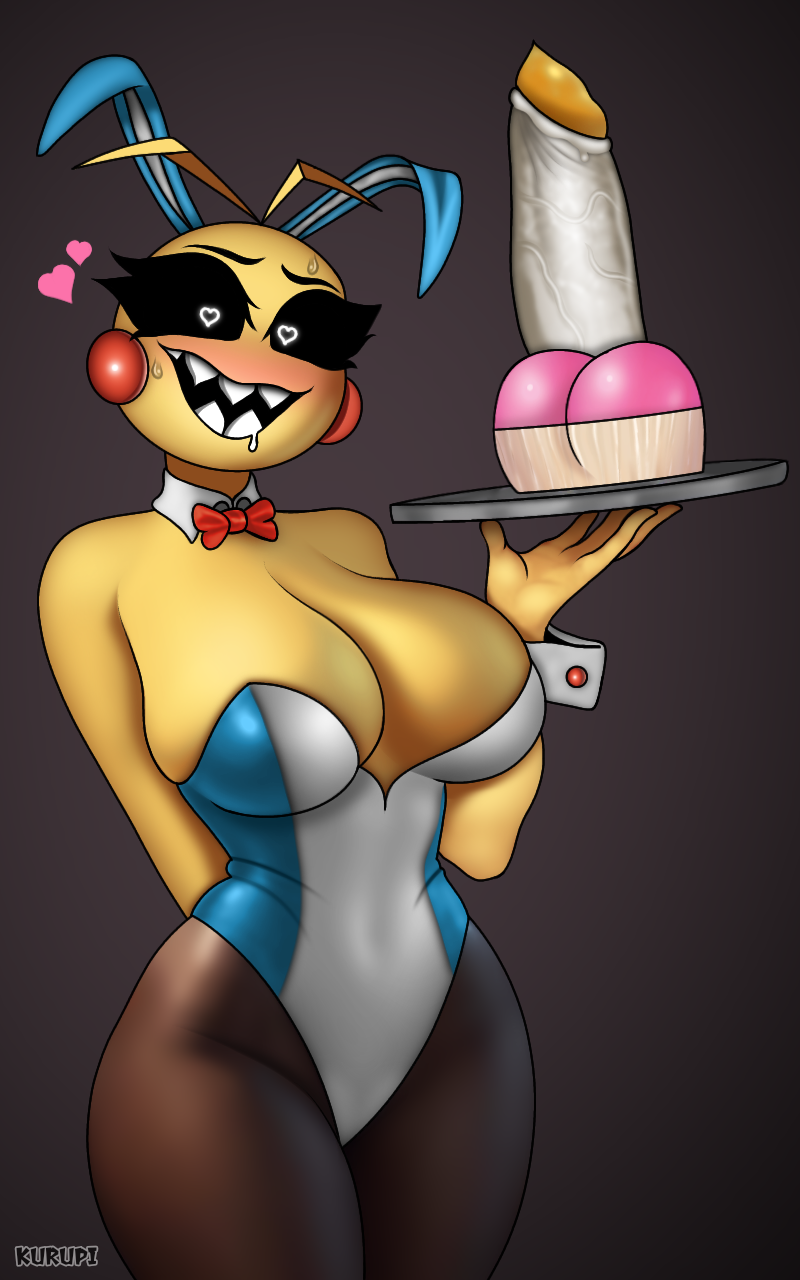 animatronic ass blush bow bowtie breasts bunny_ears bunny_girl bunnysuit chica_(fnaf) dildo drooling five_nights_at_freddy's five_nights_at_freddy's_2 fnaf heart heart-shaped_pupils horny horny_female huge_ass huge_breasts huge_butt huge_thighs kurupi_(artist) legwear pantyhose seductive_look sex_toy sharp_teeth suspiciously_shaped_cupcake thick_thighs thighs toy_chica_(fnaf) tray wide_hips wide_thighs