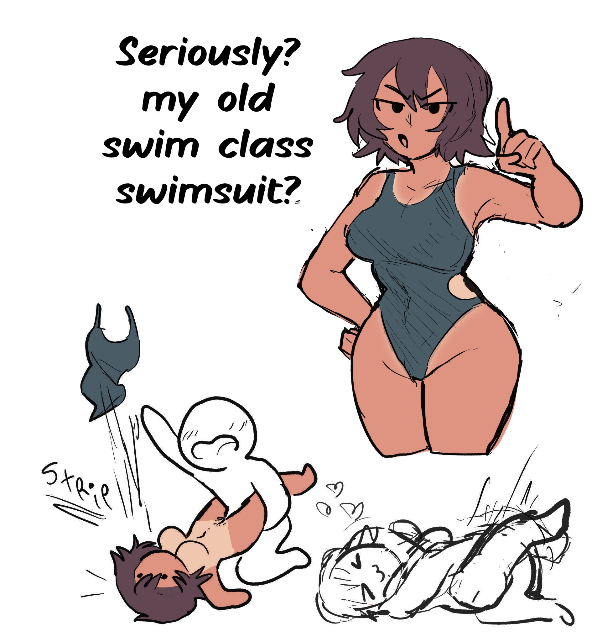 1boy, 1girls, azumanga daiou, black hair, breasts, brown skin, busty teenager, edit, female, high school student, hiltonhanoi, in love, japversus, kagura (azumanga daiou), loving sex, male, one-piece swimsuit, ripping clothing, short hair, swimsuit, tan body, tanline, teenage female, teenager, tomboy, wholesome, x3