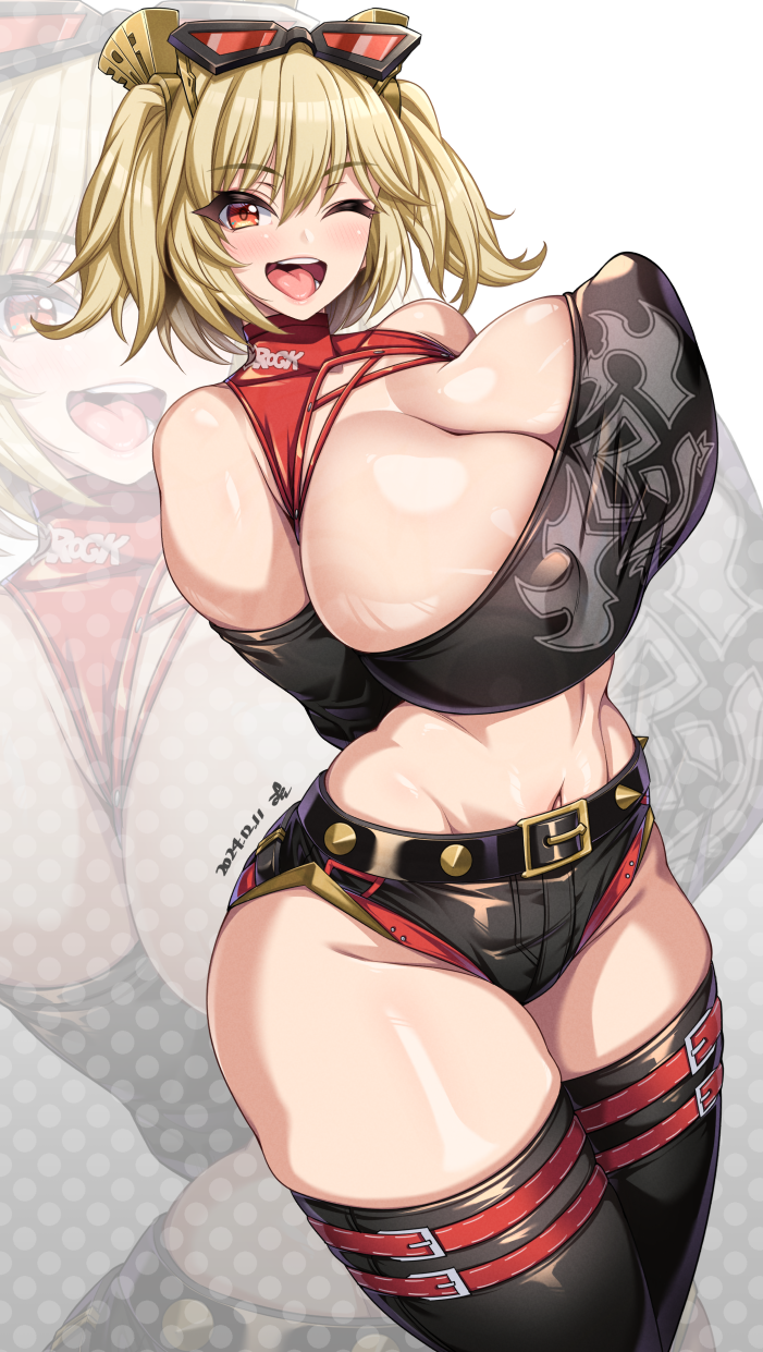 1girls ;d alternate_breast_size arms_behind_back bare_shoulders black_shorts black_thighhighs blonde_hair blush breasts burnice_white cleavage commentary eyewear_on_head female highres huge_breasts looking_at_viewer micro_shorts navel one_eye_closed open_mouth red_eyes short_hair shorts smile sunglasses teeth thighhighs thighs upper_teeth_only yoohi zenless_zone_zero