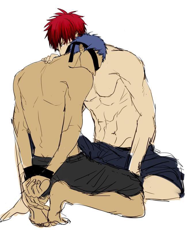 aomine_daiki blue_hair daiki_aomine kagaao kagami_taiga kuroko's_basketball kuroko_no_basuke male_only no_visible_genitalia red_eyes red_hair taiga_kagami tan_skin tied_up