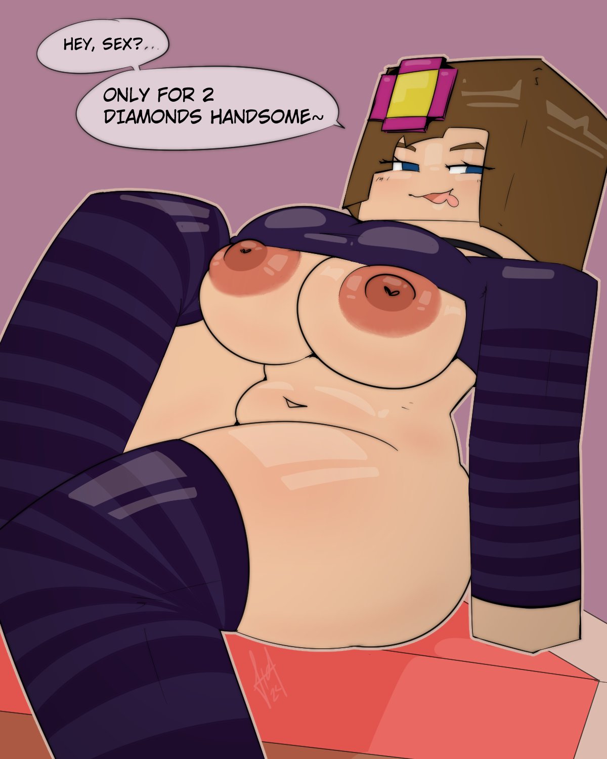 1girls afelwft big_breasts blue_eyes breasts_out brown_hair jenny_belle_(slipperyt) looking_at_viewer minecraft nipples on_bed pose seducing seducing_viewer shirt_lift striped_legwear talking_to_viewer thick_thighs tongue_out