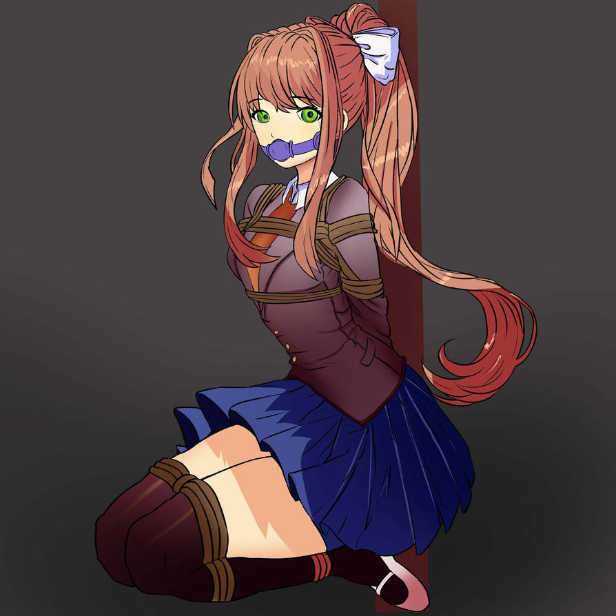 2d 2d_(artwork) arms_behind_back blue_skirt bondage bound doki_doki_literature_club female female_focus female_only fully_clothed gag green_eyes kneeling light-skinned_female light_skin monika_(doki_doki_literature_club) no_nudity school_uniform schoolgirl skirt thick_thighs thighhighs thighs tied_up