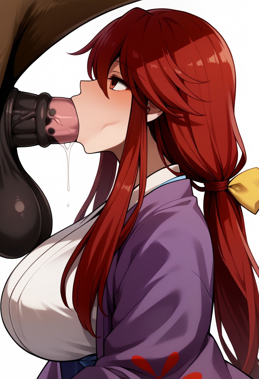 ai_generated blowjob bow deepthroat female female_on_feral feral hair_ribbon hairbow horse horse_penis horsecock huge_breasts interspecies kimono kotohime kotohime_(touhou) low-tied_long_hair ponytail purple_kimono red_eyes red_hair ribbon touhou touhou_(pc-98) white_kimono yellow_bow yellow_ribbon zoophilia