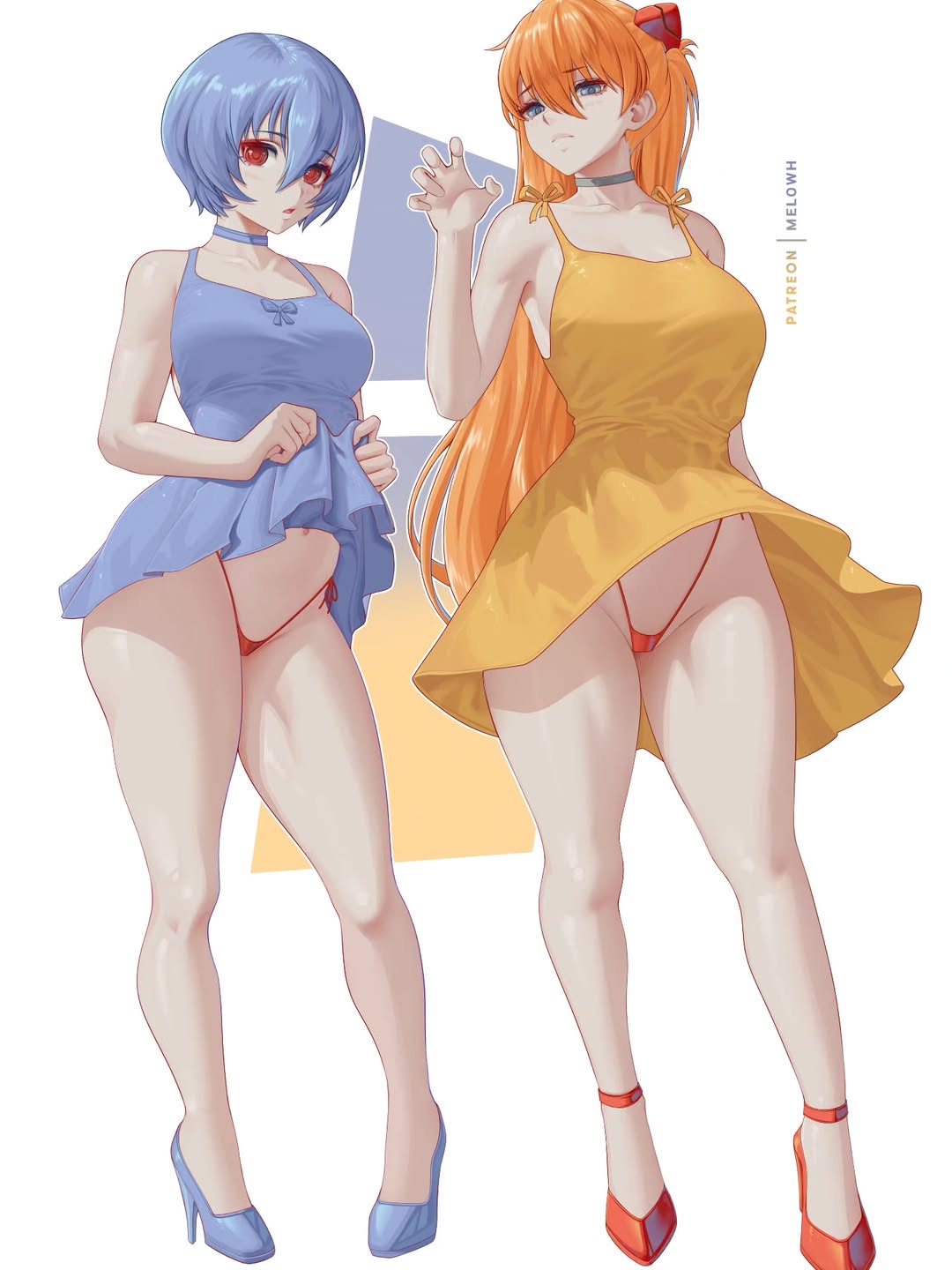 2girls, armpits, arms up, asuka langley sohryu, blue eyes, breasts, choker, dress, female, female only, hair covering breasts, hi res, high heels, high quality, high resolution, highres, lifting skirt, light skin, light-skinned female, long hair, looking at viewer, medium breasts, melowh, multiple views, neon genesis evangelion, open mouth, orange hair, panties, red hair, rei ayanami, simple background, standing, sundress, thick thighs, thighs, thong