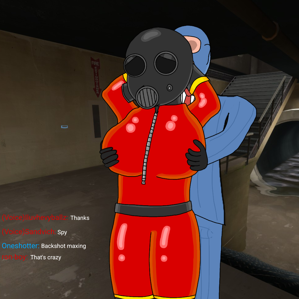 2fort erection_under_clothes female fempyro gas_mask grabbing_from_behind male pyro spy_(team_fortress_2) standing suit_and_tie team_fortress_2 tf2 thesepotato tight_clothing