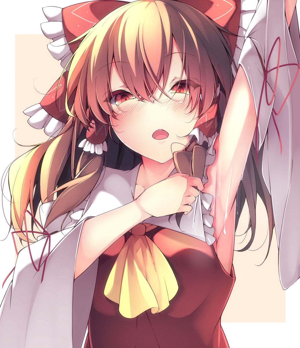 arm_up armpits ascot blush bow breasts brown_hair commentary_request cum cum_on_armpits cum_on_body detached_sleeves female frilled_bow frilled_hair_tubes frills hair_tubes hairbow hakurei_reimu highres long_hair looking_at_viewer open_mouth presenting_armpit red_bow red_eyes solo tangusuten touhou yellow_ascot