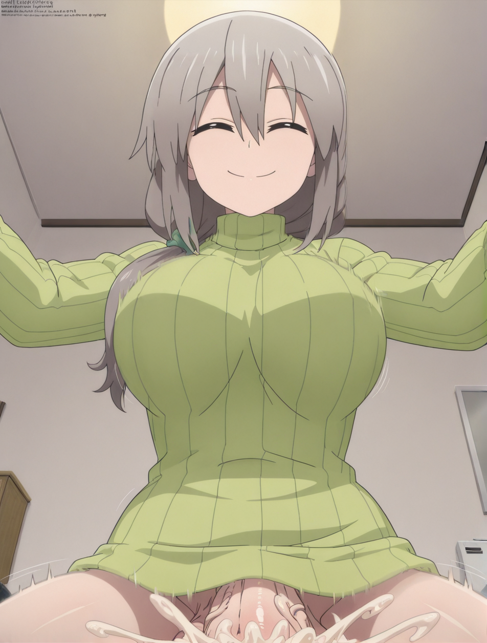 1futa accurate_art_style ai_generated bottomless closed_eyes cum cum_in_mouth face_fucking fellatio futanari green_sweater grey_hair hands_on_head milf pov smile sweater thrusting uzaki-chan_wa_asobitai! uzaki_tsuki