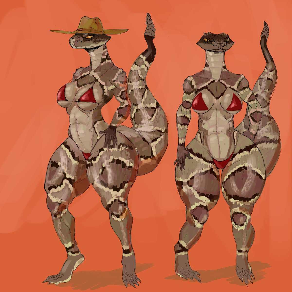 2girls anthro ass big_ass big_breasts big_butt bikini bottom_heavy breasts bubble_butt clothing curvaceous curvy curvy_figure dat_ass dumptruck_ass elapid_(snake) female female_only hand_on_hip hat huge_ass huge_breasts iljajop long_tail mostly_nude rattle_(anatomy) rattlesnake scalie snake snake_girl tagme tail thick_thighs voluptuous voluptuous_female wide_hips yellow_sclera