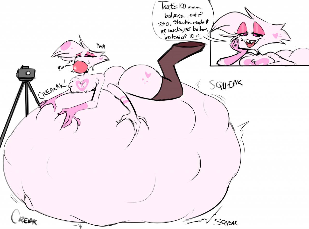 angel dust (hazbin hotel), balloon, camera, dialogue, hazbin hotel, honeycoves, livestream, object vore, tagme, text, vore