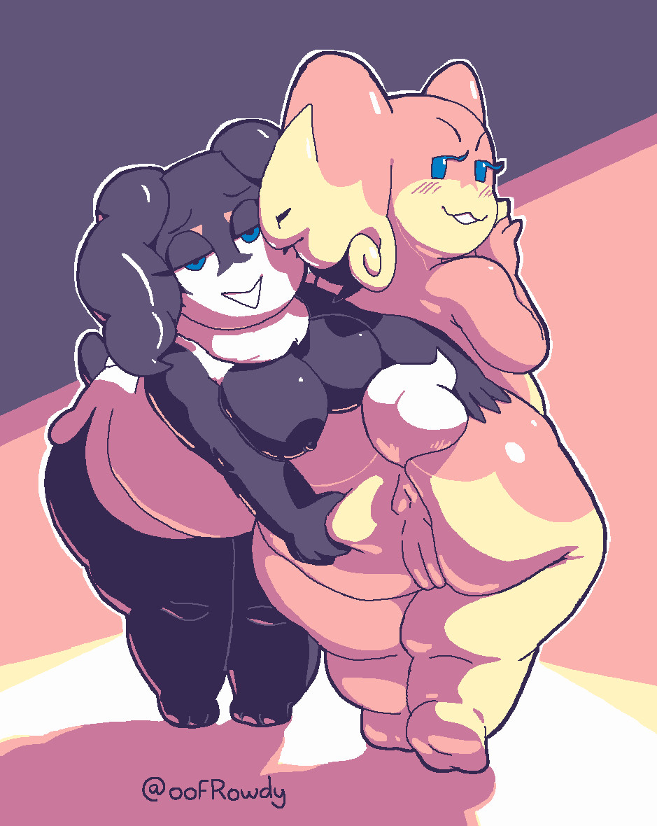 2girls anthro audino bbw big_ass big_breasts blush furry indeedee oofrowdy pokemon pokemon_(species) presenting_hindquarters spread_ass tagme