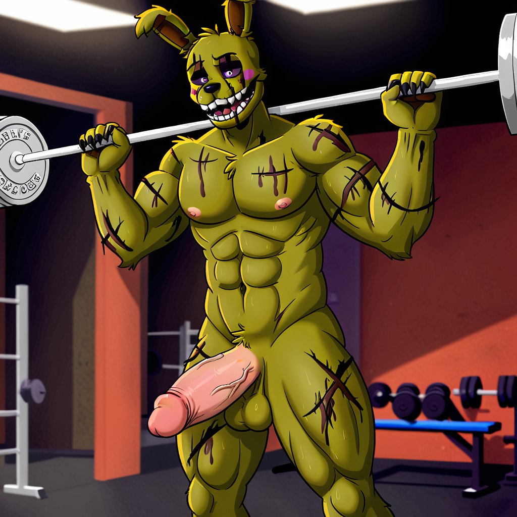 1boy ai_generated anthro balls barbell erection fangs five_nights_at_freddy's fnaf furry green_body green_fur gym humanoid jockstrap male_focus male_only muscular muscular_male nude penis rabbit solo solo_focus springtrap_(fnaf) workout