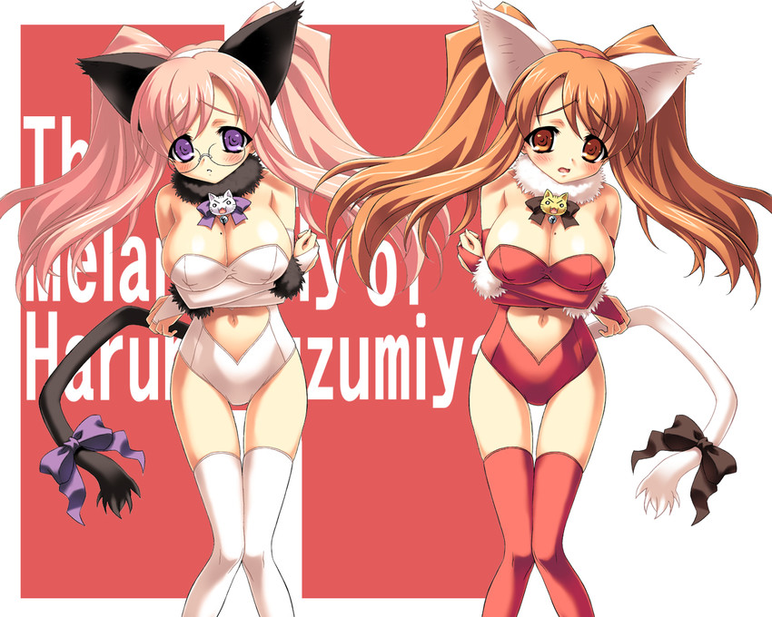 2girls artist_request asahina_mikuru bodysuit cat_ears cat_tail character_request cleavage company_connection cute glasses kadokawa_shoten looking_at_viewer lucky_star miyuki_takara moe purple_eyes suzumiya_haruhi_no_yuuutsu tagme