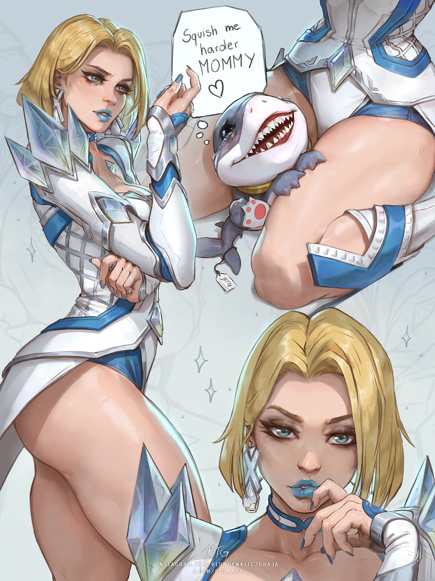 1girls, 2d, athletic, athletic female, athletic thighs, big breasts, blonde female, blonde hair, blondynkitezgraja, blue lipstick, blue nails, bob cut, boots, breasts, clothed, clothed female, emma frost, emma frost (marvel rivals), english text, female, female focus, female only, hi res, high heel boots, high heels, jeff the land shark, large breasts, leotard, light skin, light-skinned female, looking at viewer, marvel, marvel comics, marvel rivals, text, thick thighs, thighs, wide hips