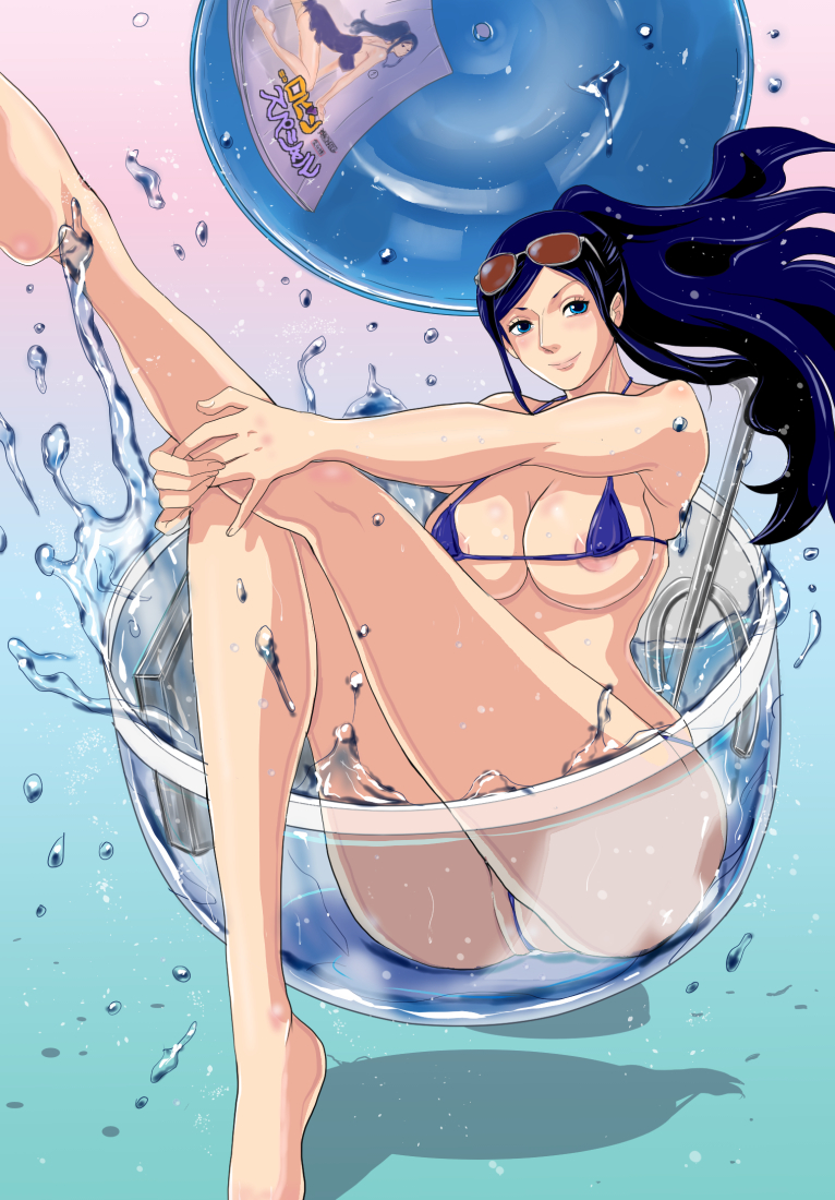 1girls, ass, between labia, big ass, big breasts, bikini, black hair, black-haired female, blue eyes, breasts, cameltoe, cleavage, covered nipples, curvaceous, dressrosa, erect nipples, eyewear on head, female, female only, glasses, innie pussy, kakutou oukoku, large breasts, legs, lips, long hair, long legs, micro bikini, naughty face, nico robin, nipples, one piece, partially submerged, ponytail, pose, pussy, side-tie bikini, smile, sunglasses, sunglasses on head, swimsuit, thong, tied hair