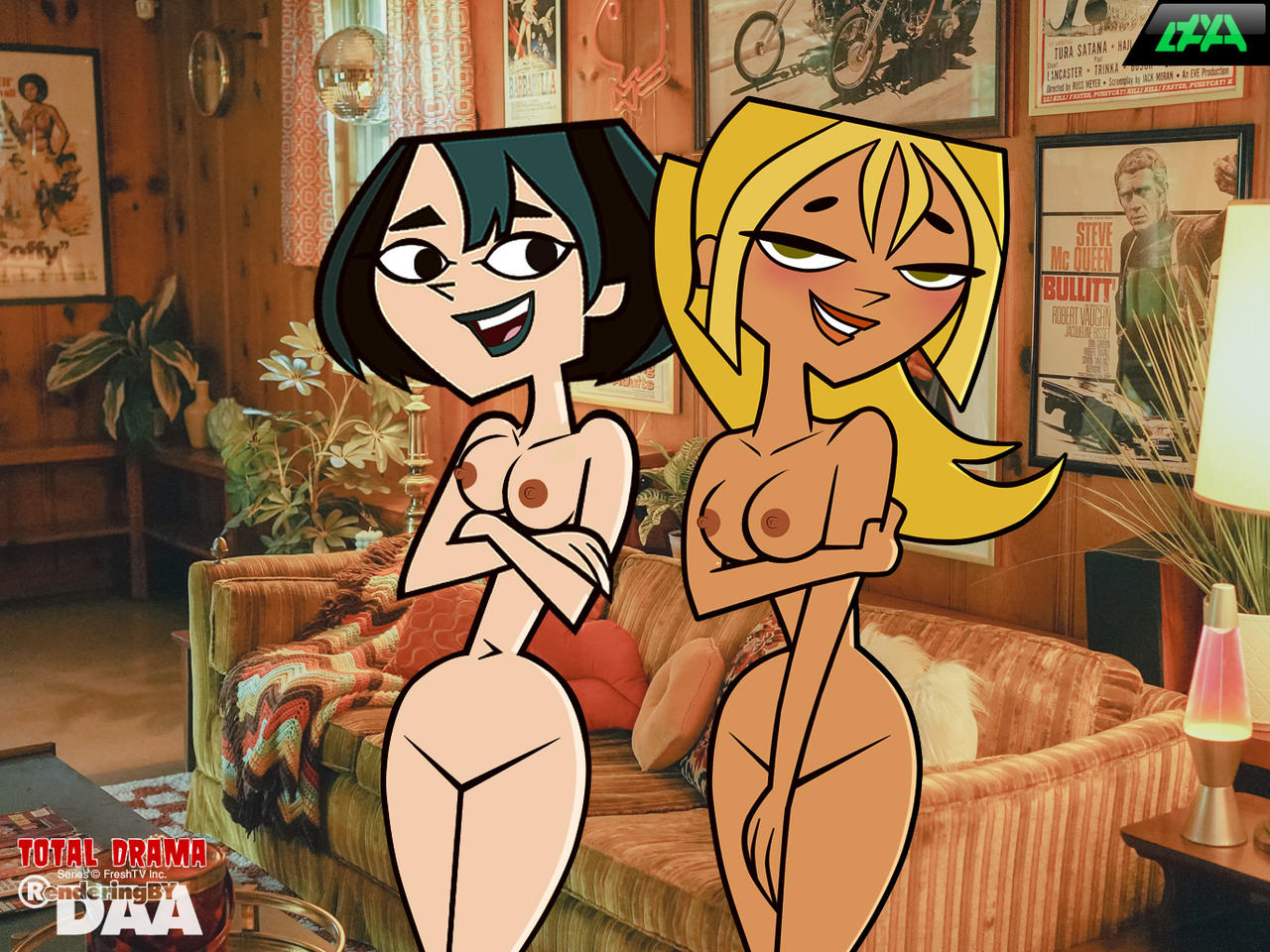 background breasts bridgette_(tdi) couch daanton deviantart gwen_(tdi) hair long_hair nude nude_female ponytail pussy short_hair total_drama_(series) total_drama_island