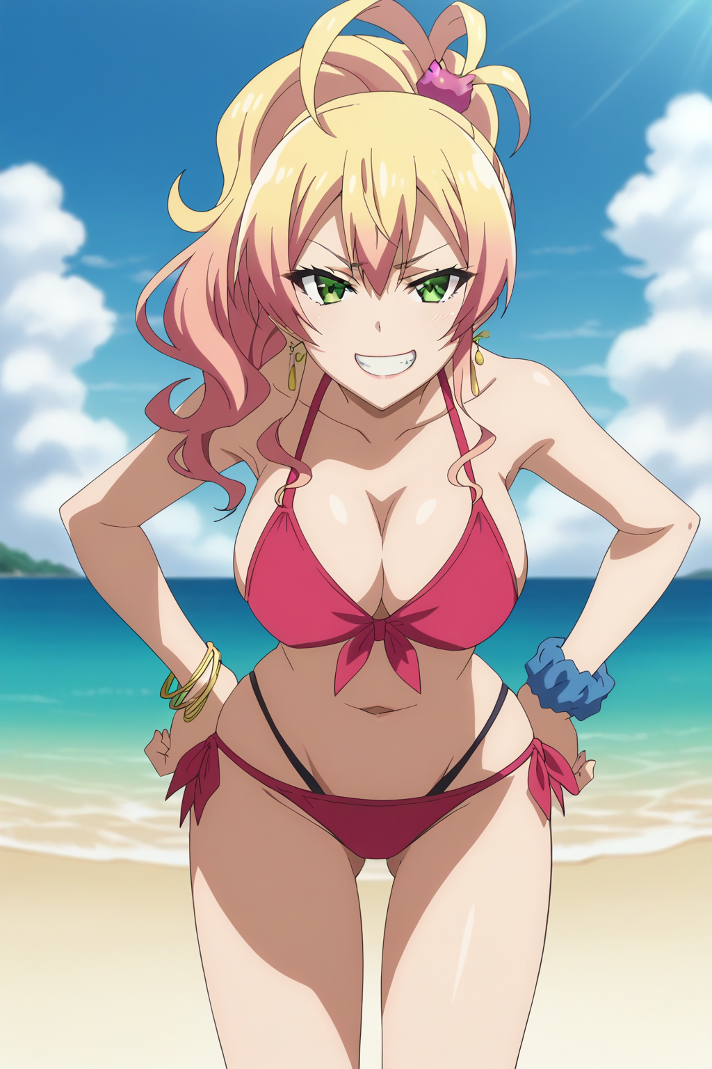 bangs bare_shoulders beach bikini bikini_bottom blonde_hair blue_scrunchie blue_sky blush bracelet breasts clavicle cleavage clothing cloud cowboy_shot day earrings female female gradient_hair green_eyes grin gyaru hair_between_eyes hair_ornament hajimete_no_gal halterneck hands_on_hips jewelry large_breasts layered_bikini leaning_forward long_hair looking_at_viewer multicolored_hair navel ocean outdoors pink_bikini pink_hair pink_swimsuit ponytail red_bikini red_swimsuit scrunchie side-tie_bikini_bottom side-tie_clothing side-tie_swimsuit sky smile solo standing string_bikini sunlight swimsuit teen teen_girl teenage teenage_girl teenager teeth thighs tied_hair wrist_scrunchie yame_yukana